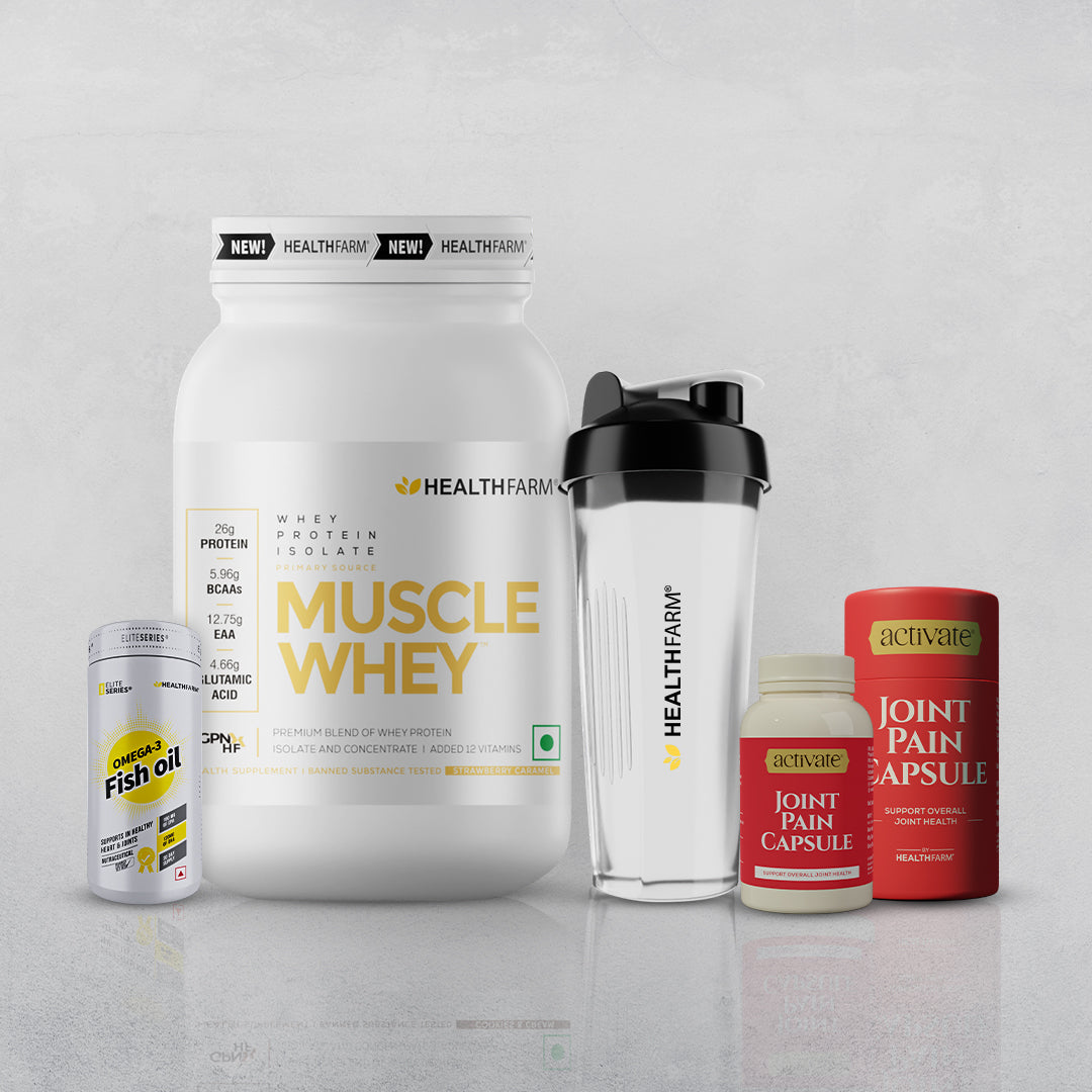 Healthfarm Muscle Whey (1kg) + Joint Pain Capsule + Fish Oil + Free Sh