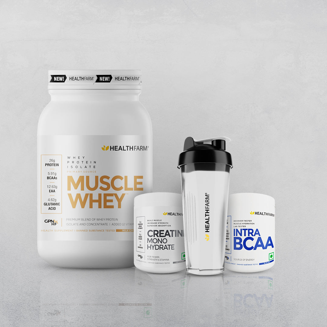 Healthfarm Intra BCAA + Muscle Whey 1kg +  Creatine 100gm + Free Shaker