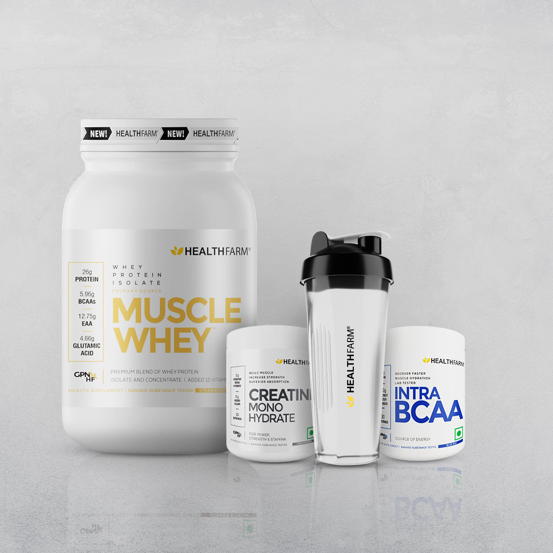 Healthfarm Intra BCAA + Muscle Whey 1kg +  Creatine 100gm + Free Shaker
