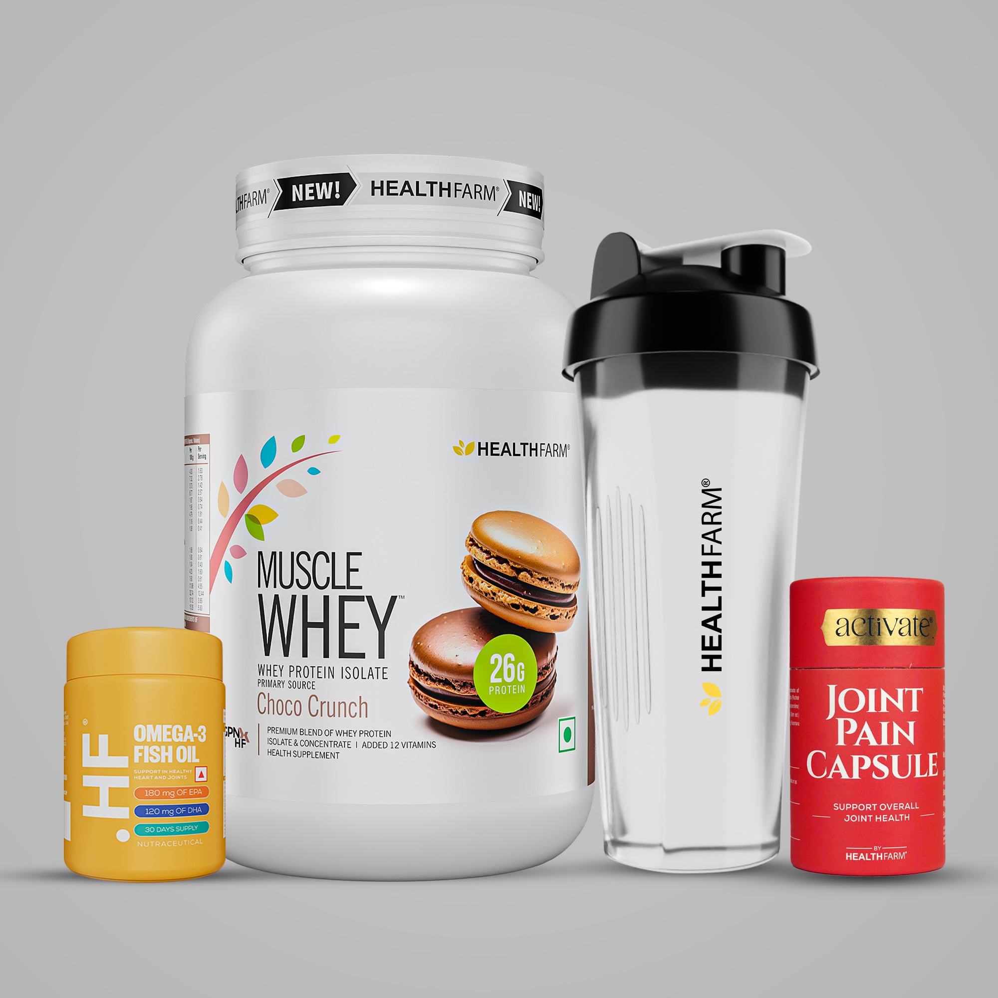 Healthfarm Muscle Whey (1kg) + Joint Pain Capsule + Fish Oil + Free Shaker