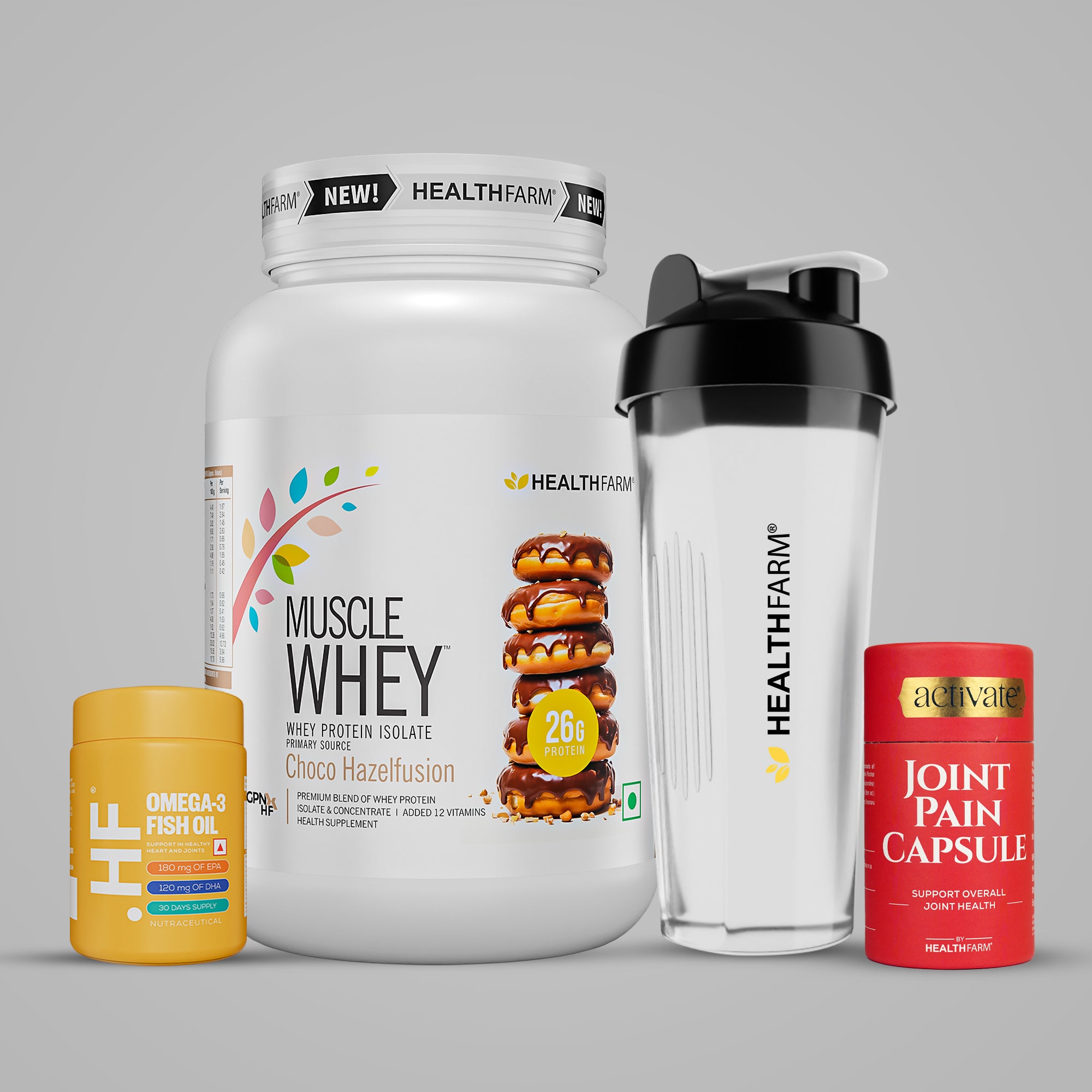 Healthfarm Muscle Whey (1kg) + Joint Pain Capsule + Fish Oil + Free Shaker