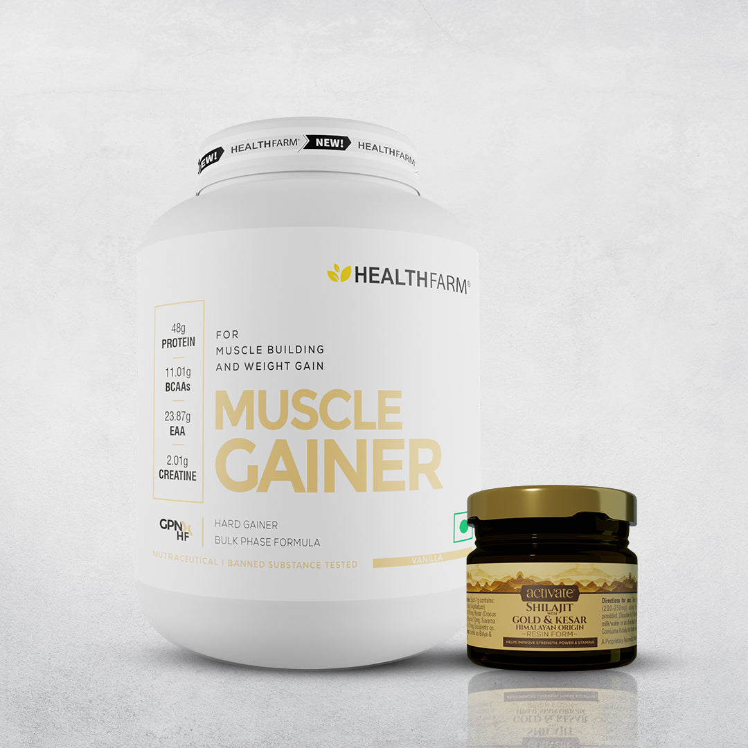 Healthfarm Muscle Gainer (3Kg) + Shilajit with Gold & Kesar
