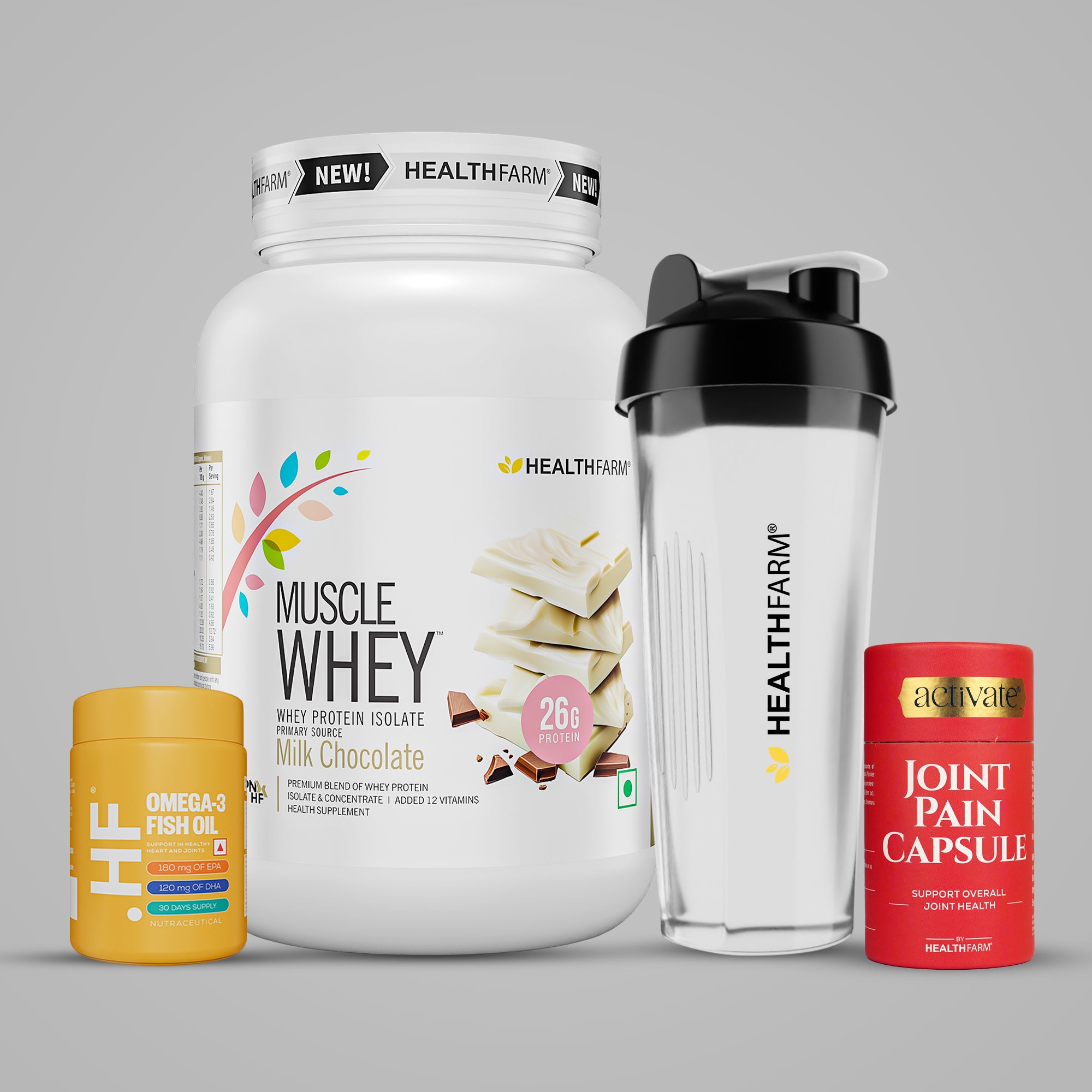 Healthfarm Muscle Whey (1kg) + Joint Pain Capsule + Fish Oil + Free Shaker