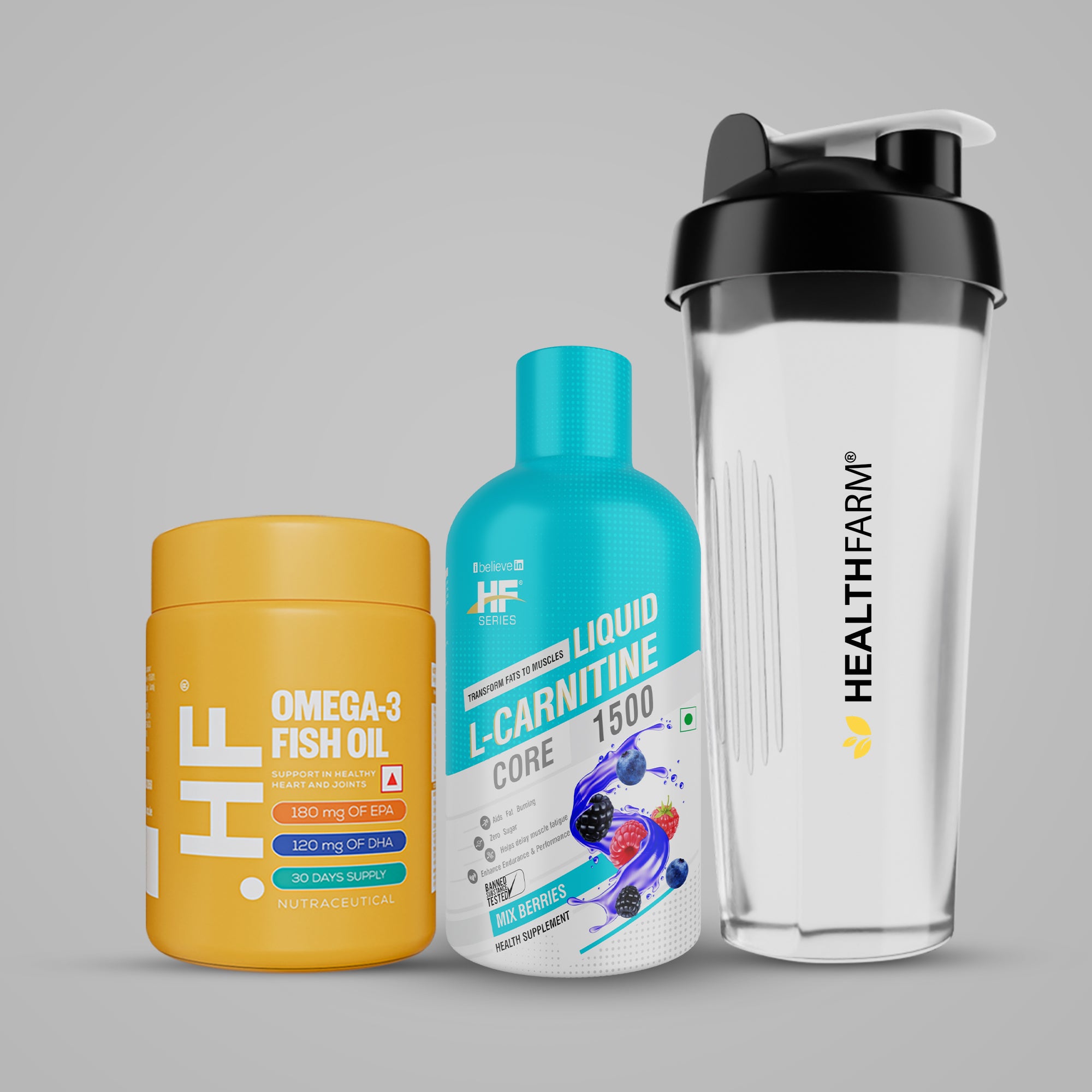 Healthfarm L- Carnitine 1500mg + Omega 3 Fish oil + Plastic Shaker