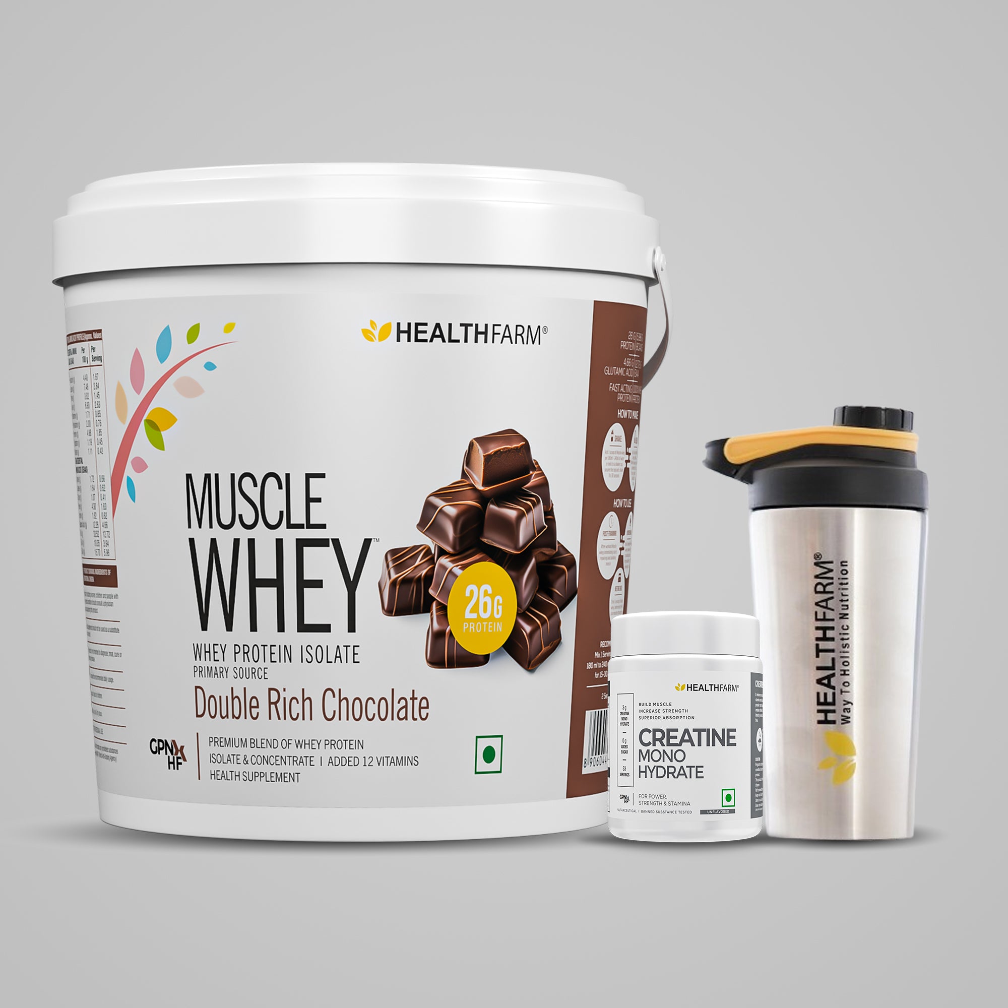 Healthfarm Muscle Whey (4Kg) + Creatine (100g) + Steel Shaker