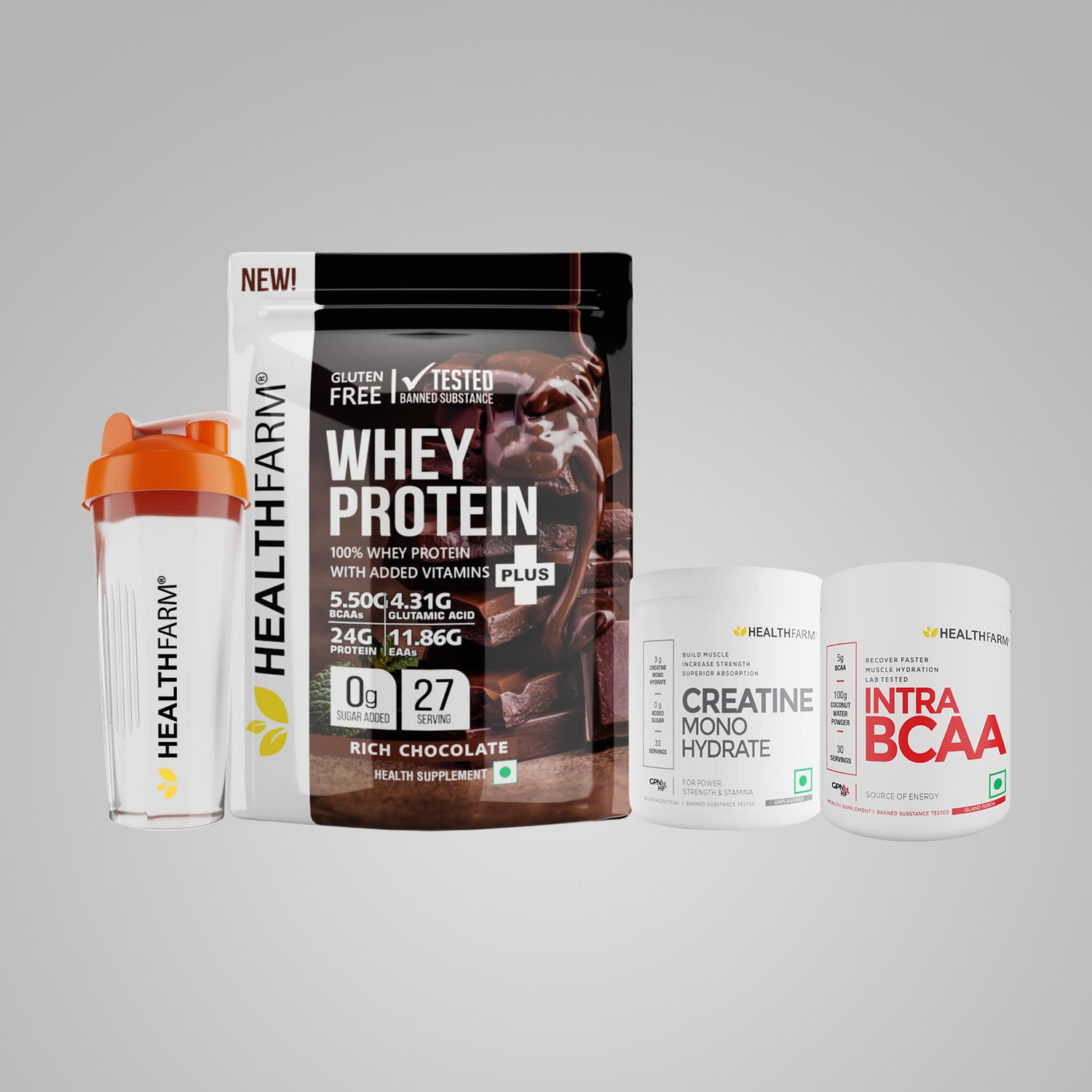 Healthfarm Whey Protein Plus (1Kg) + Intra BCAA +  Creatine (50g) + Free Shaker