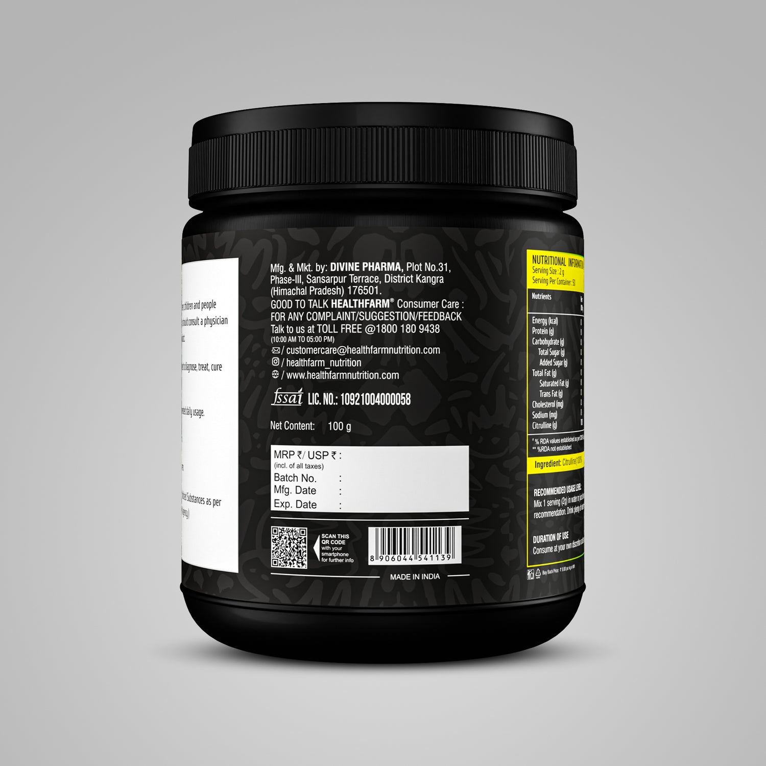 HealthFarm L-Citrulline Mallate for Muscle Power & Pump (100gm)