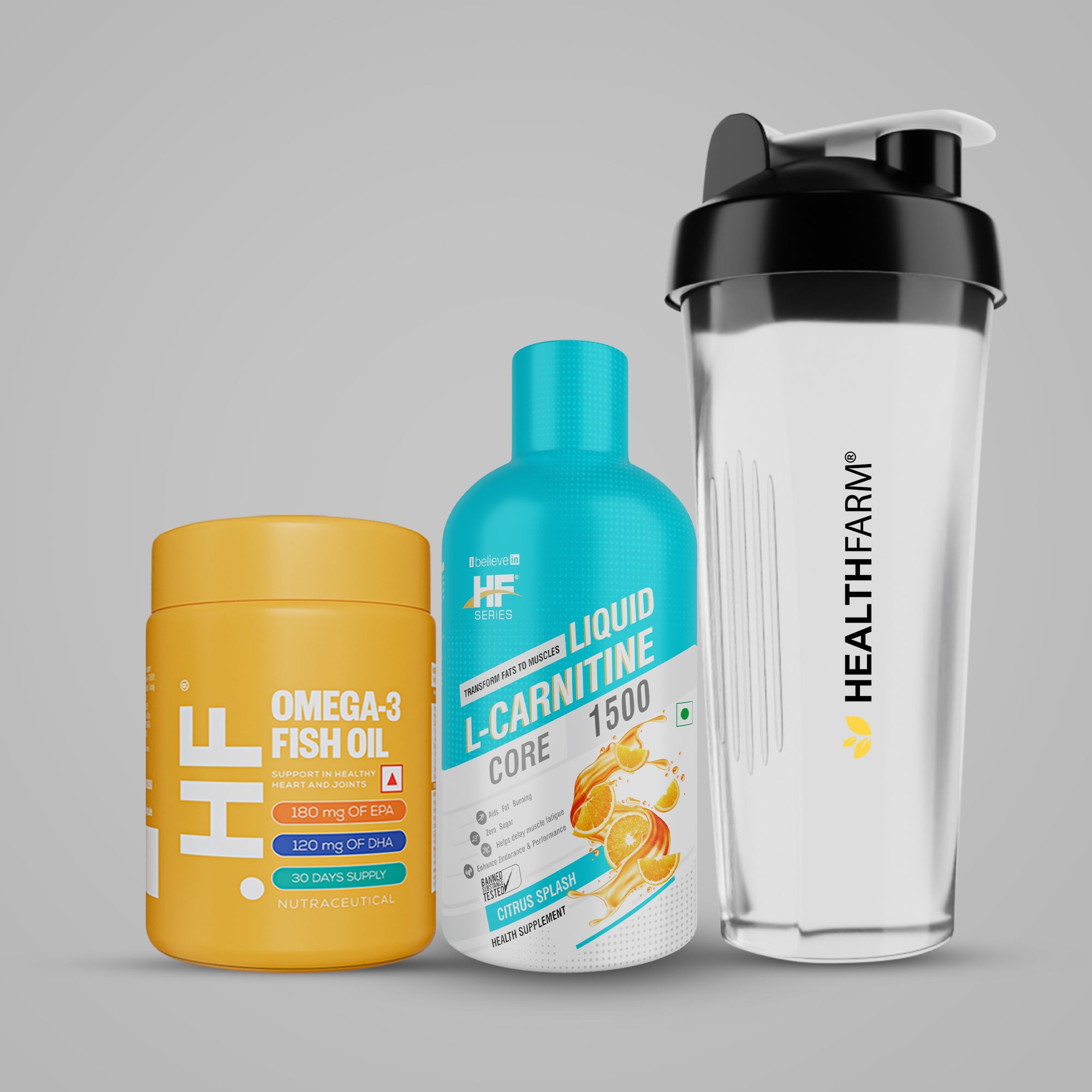 Healthfarm L- Carnitine 1500mg + Omega 3 Fish oil + Plastic Shaker