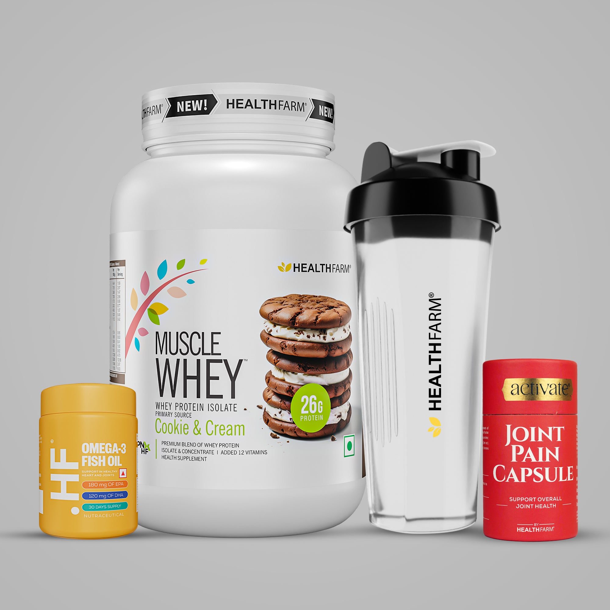 Healthfarm Muscle Whey (1kg) + Joint Pain Capsule + Fish Oil + Free Shaker