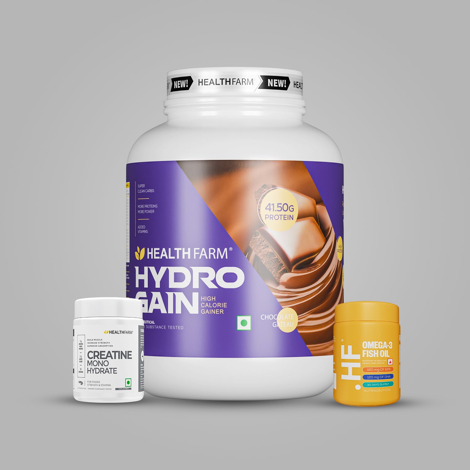 Healthfarm Hydro Gain (3Kg) + Fish Oil + Creatine (50g)