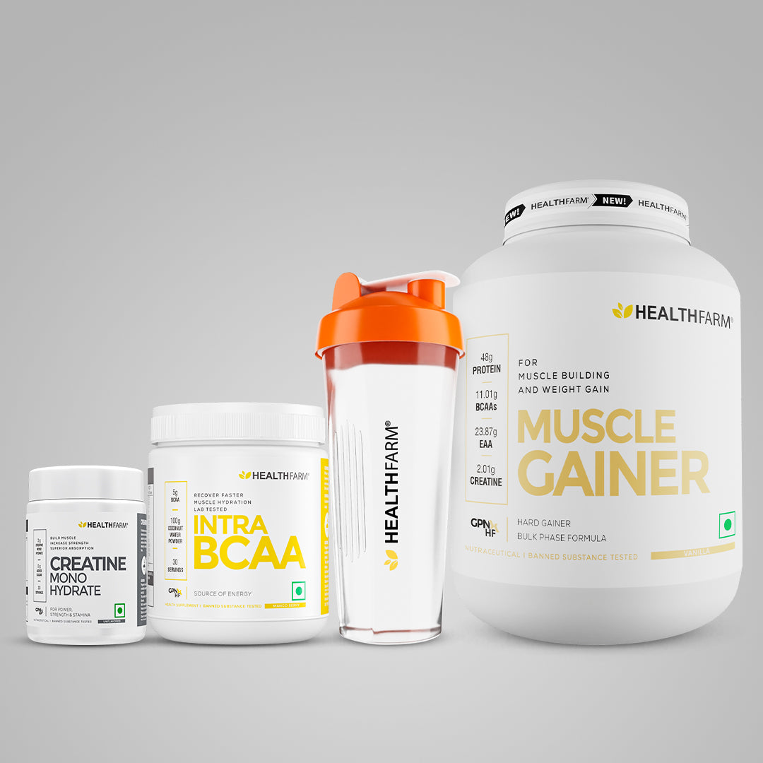 Healthfarm Muscle Gainer (3kg) + Intra BCAA + Creatine (50g) + Free Shaker