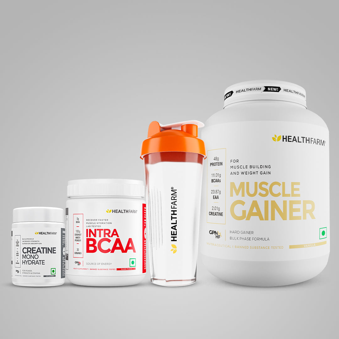 Healthfarm Muscle Gainer (3kg) + Intra BCAA + Creatine (50g) + Free Shaker