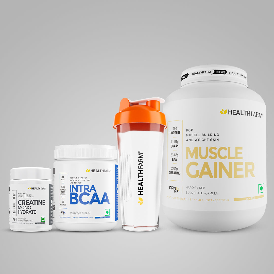Healthfarm Muscle Gainer (3kg) + Intra BCAA + Creatine (50g) + Free Shaker