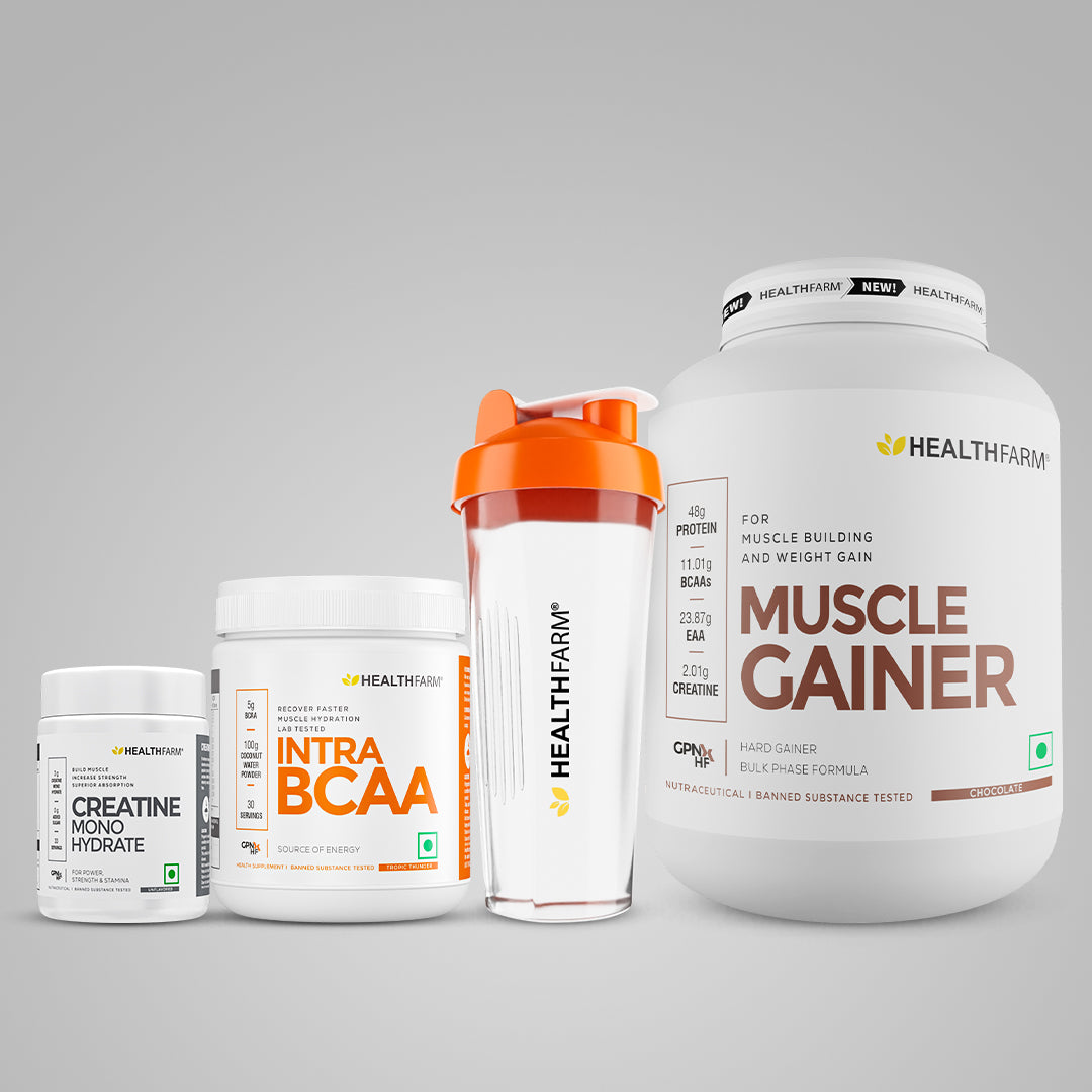 Healthfarm Muscle Gainer (3kg) + Intra BCAA + Creatine (50g) + Free Shaker