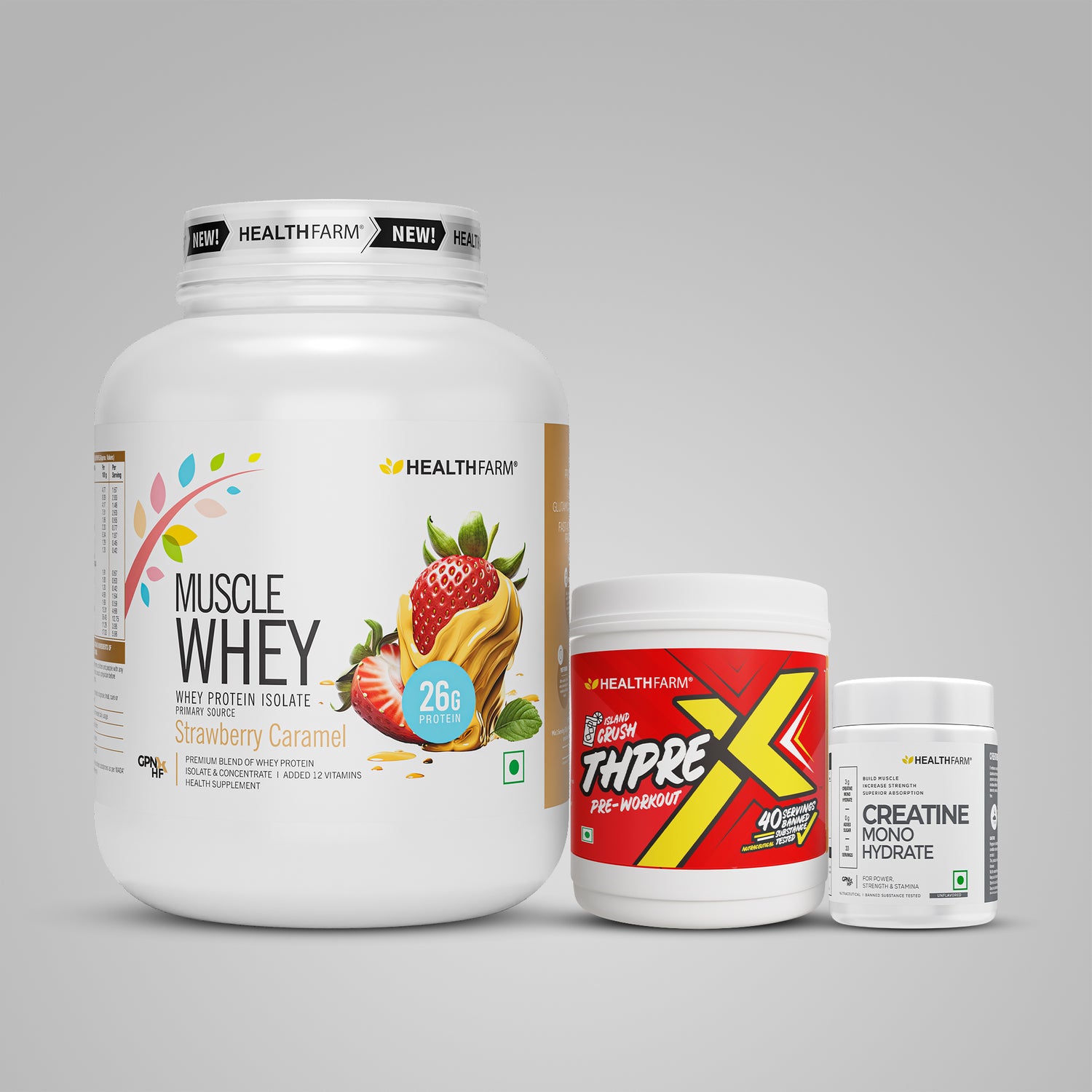 Healthfarm Muscle Whey (2Kg) + ThPreX Pre-workout + Creatine (50g)