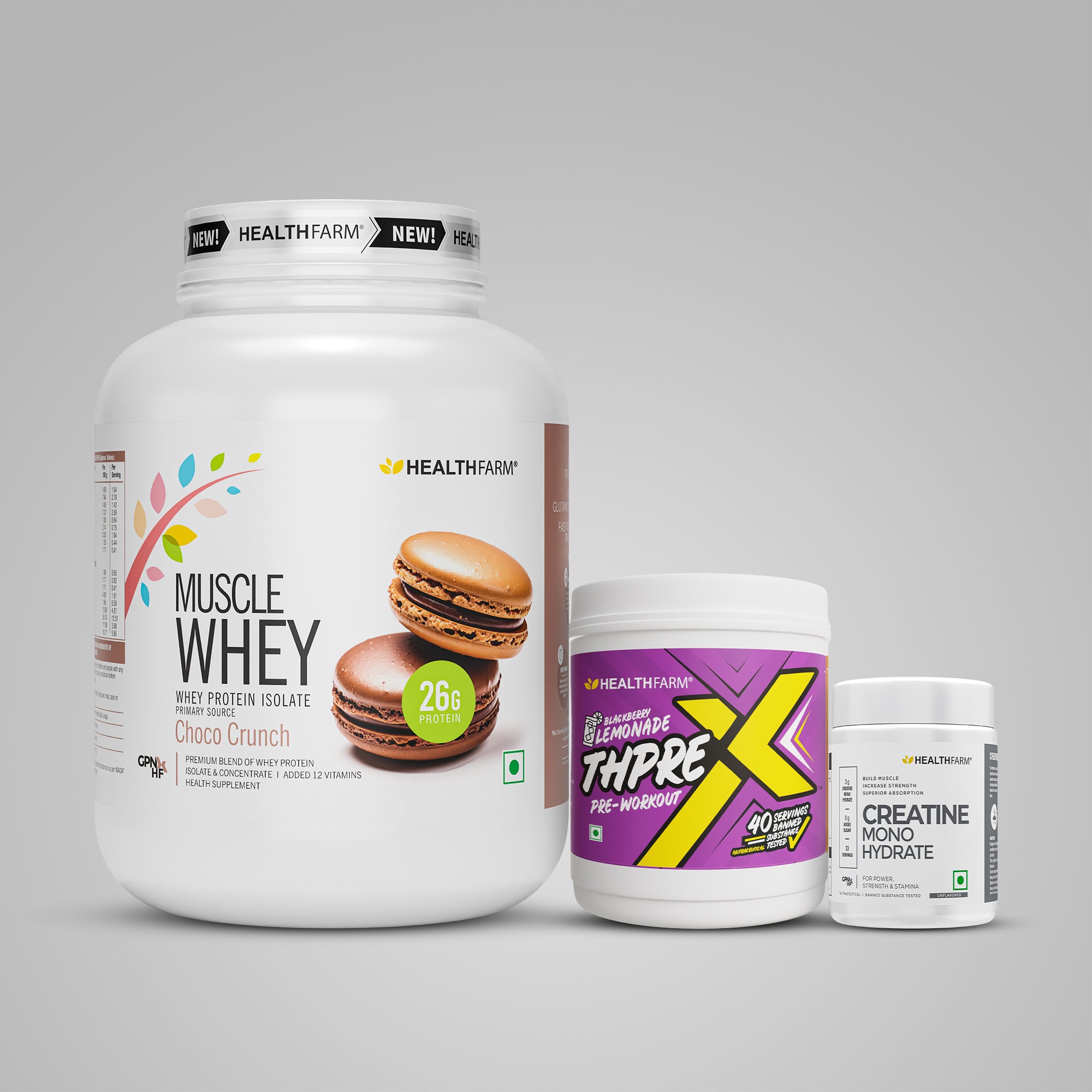 Healthfarm Muscle Whey (2Kg) + ThPreX Pre-workout + Creatine (50g)