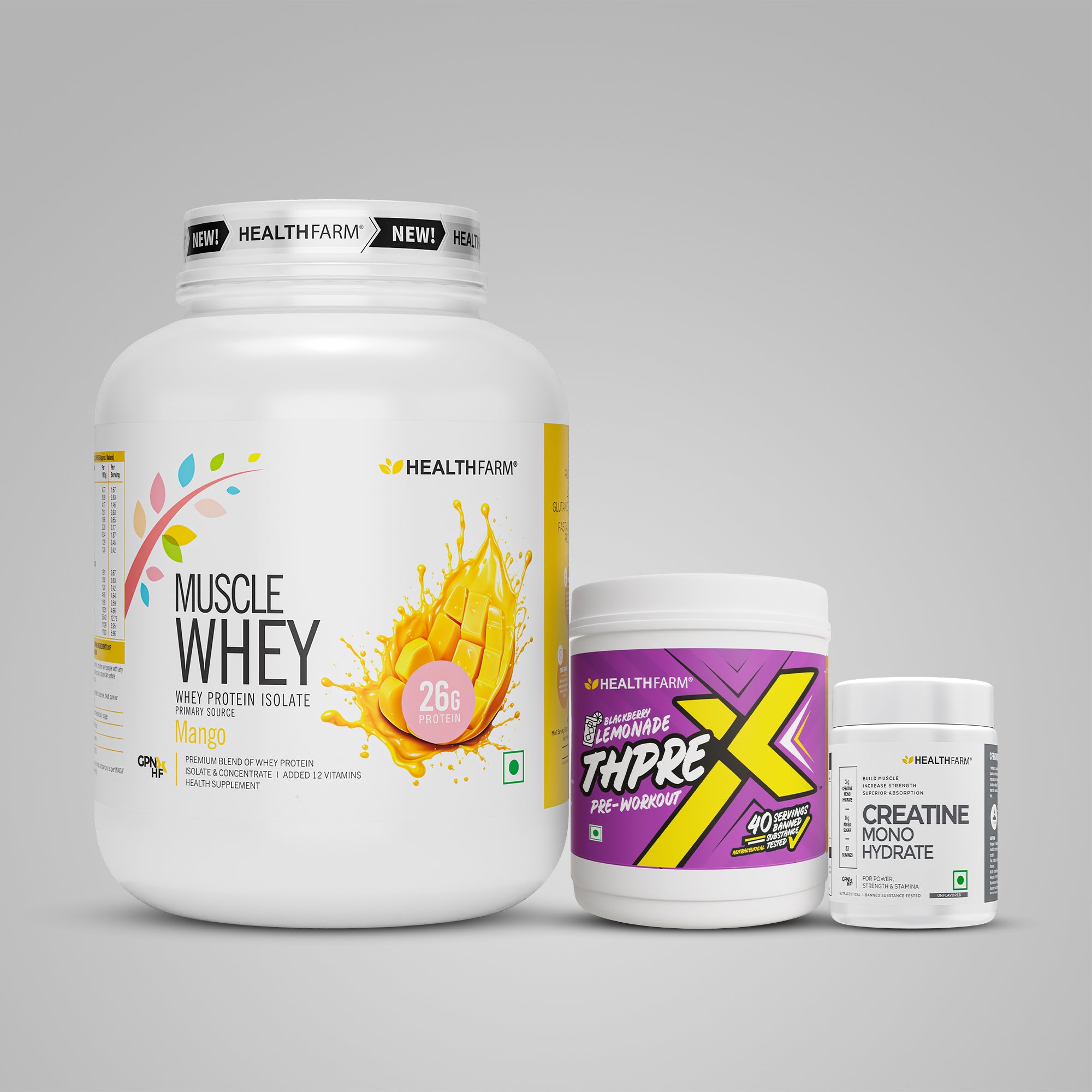 Healthfarm Muscle Whey (2Kg) + ThPreX Pre-workout + Creatine (50g)