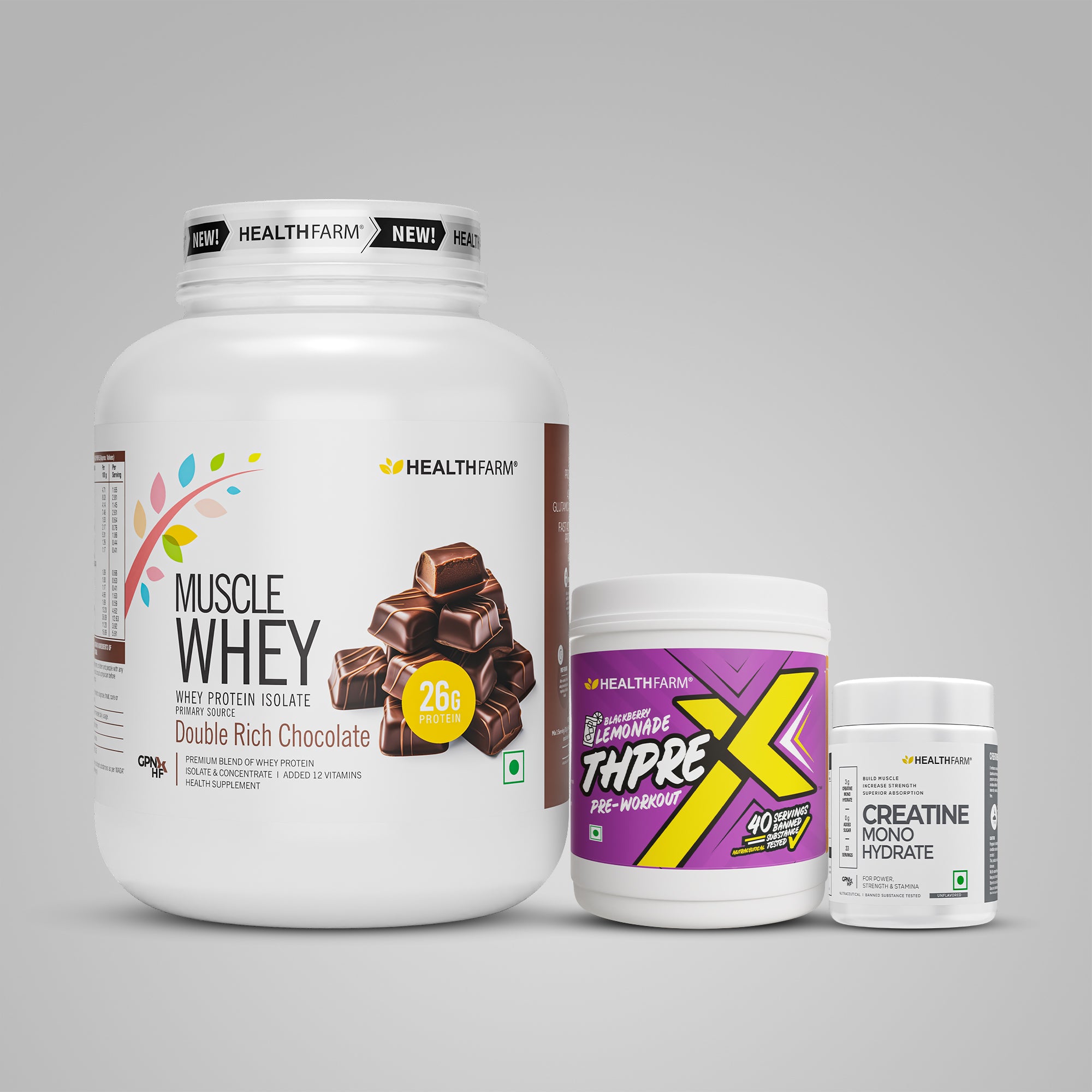 Healthfarm Muscle Whey (2Kg) + ThPreX Pre-workout + Creatine (50g)