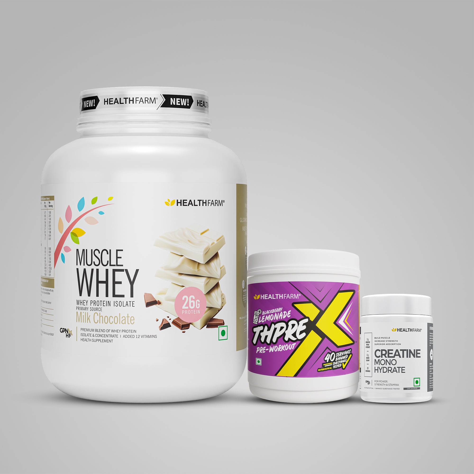 Healthfarm Muscle Whey (2Kg) + ThPreX Pre-workout + Creatine (50g)