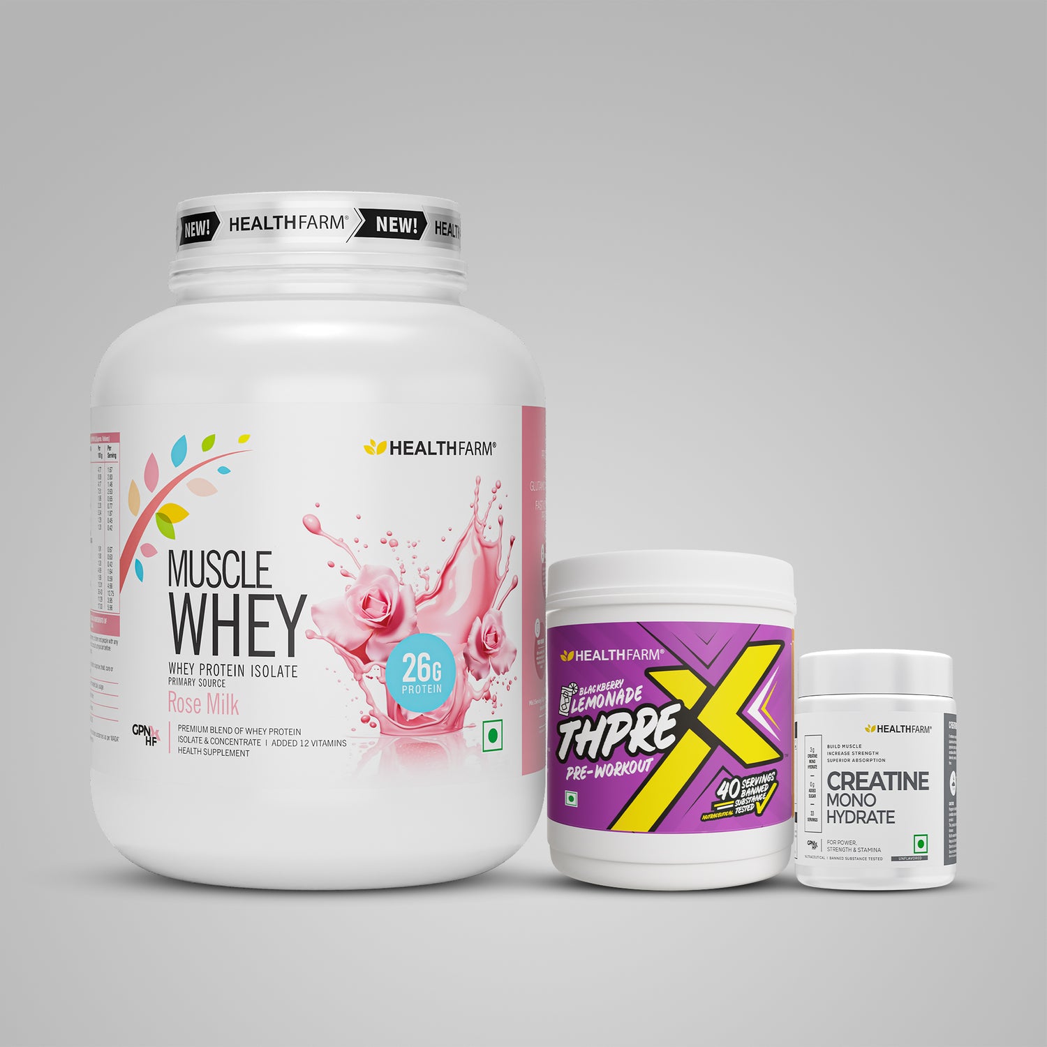 Healthfarm Muscle Whey (2Kg) + ThPreX Pre-workout + Creatine (50g)
