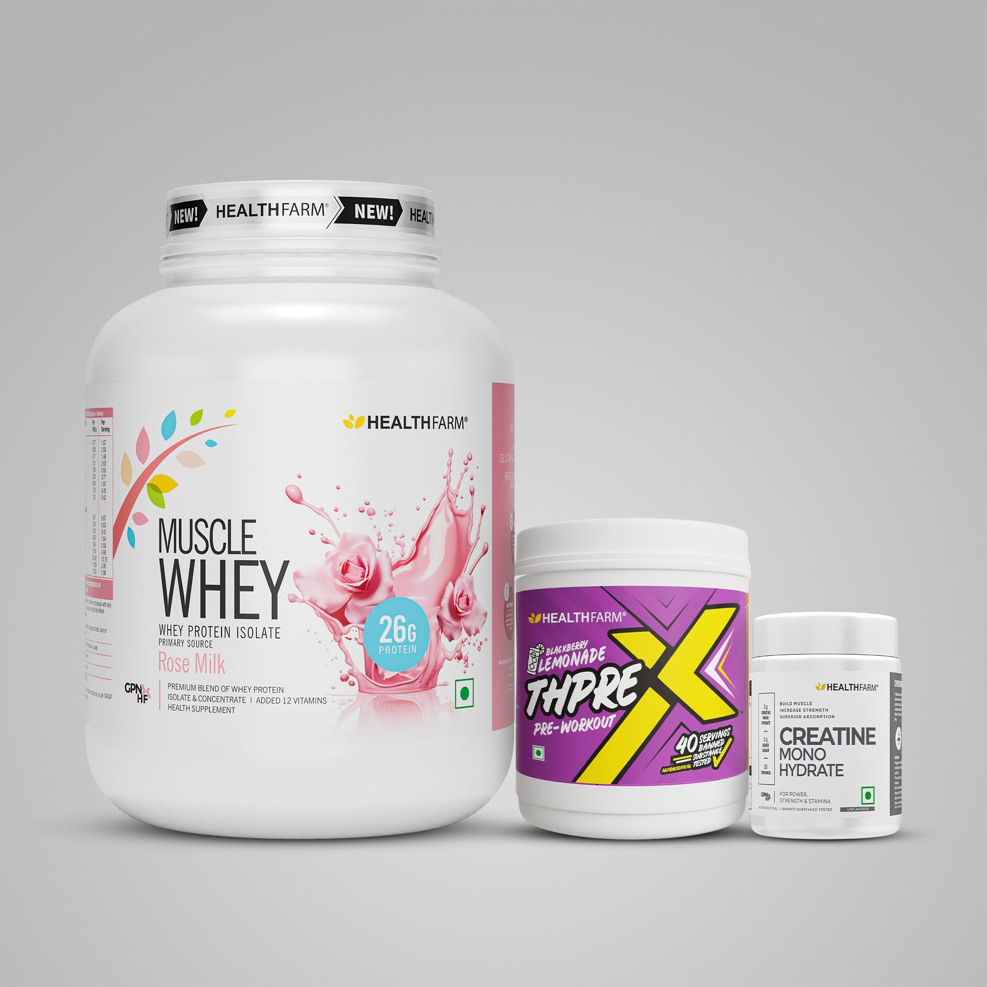 Healthfarm Muscle Whey (2Kg) + ThPreX Pre-workout + Creatine (50g)