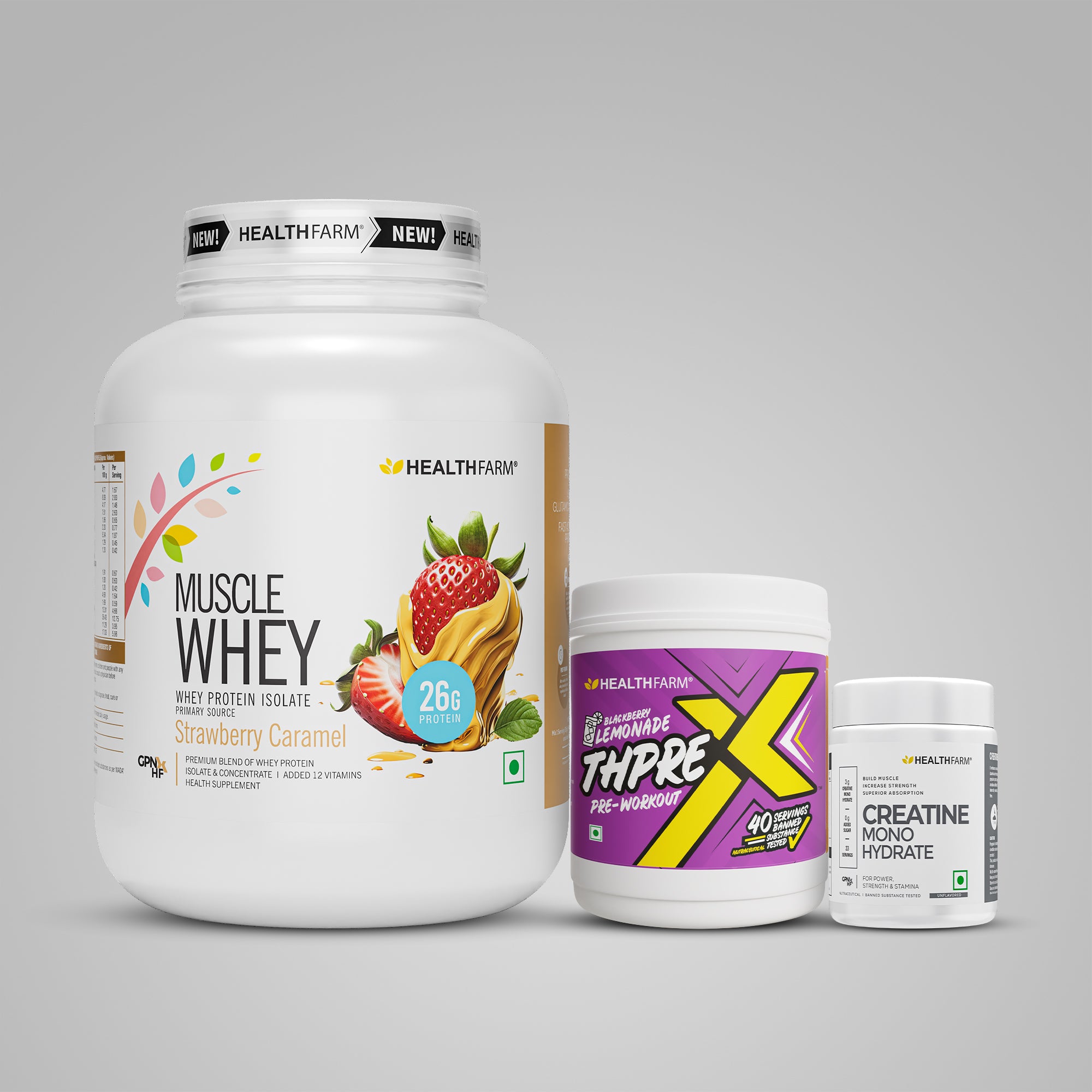 Healthfarm Muscle Whey (2Kg) + ThPreX Pre-workout + Creatine (50g)