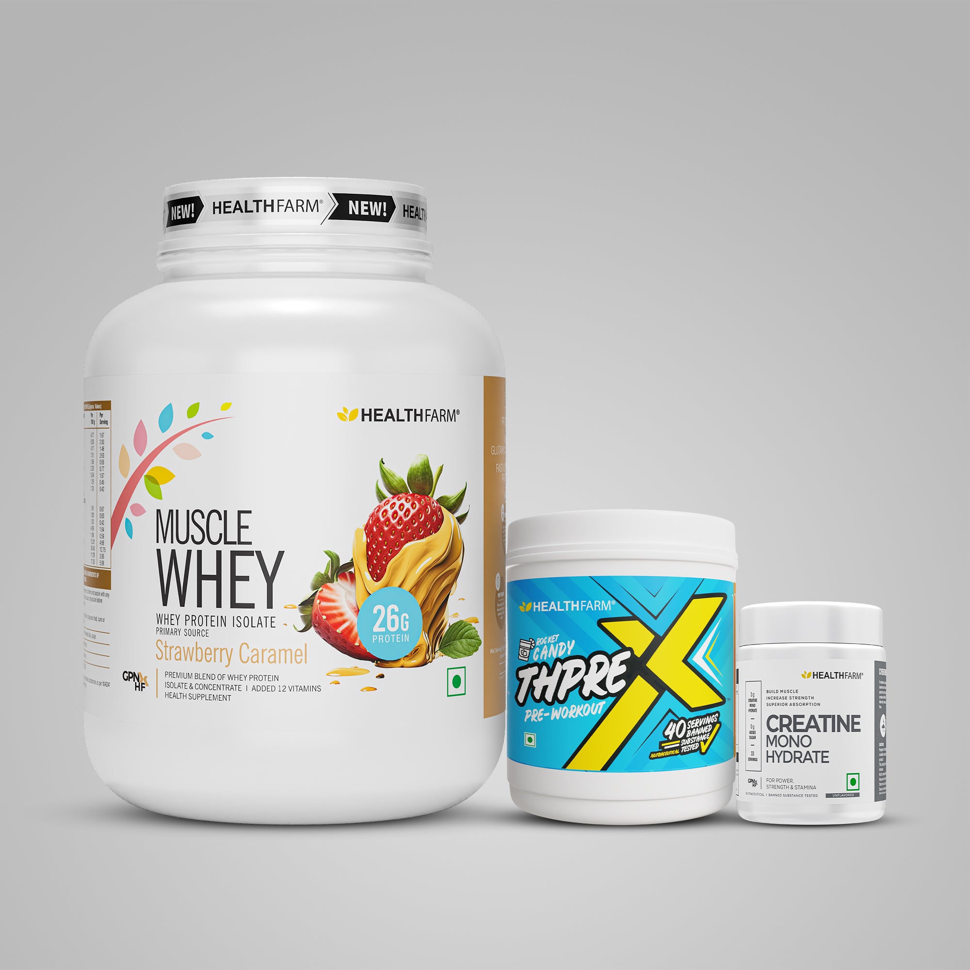 Healthfarm Muscle Whey (2Kg) + ThPreX Pre-workout + Creatine (50g)