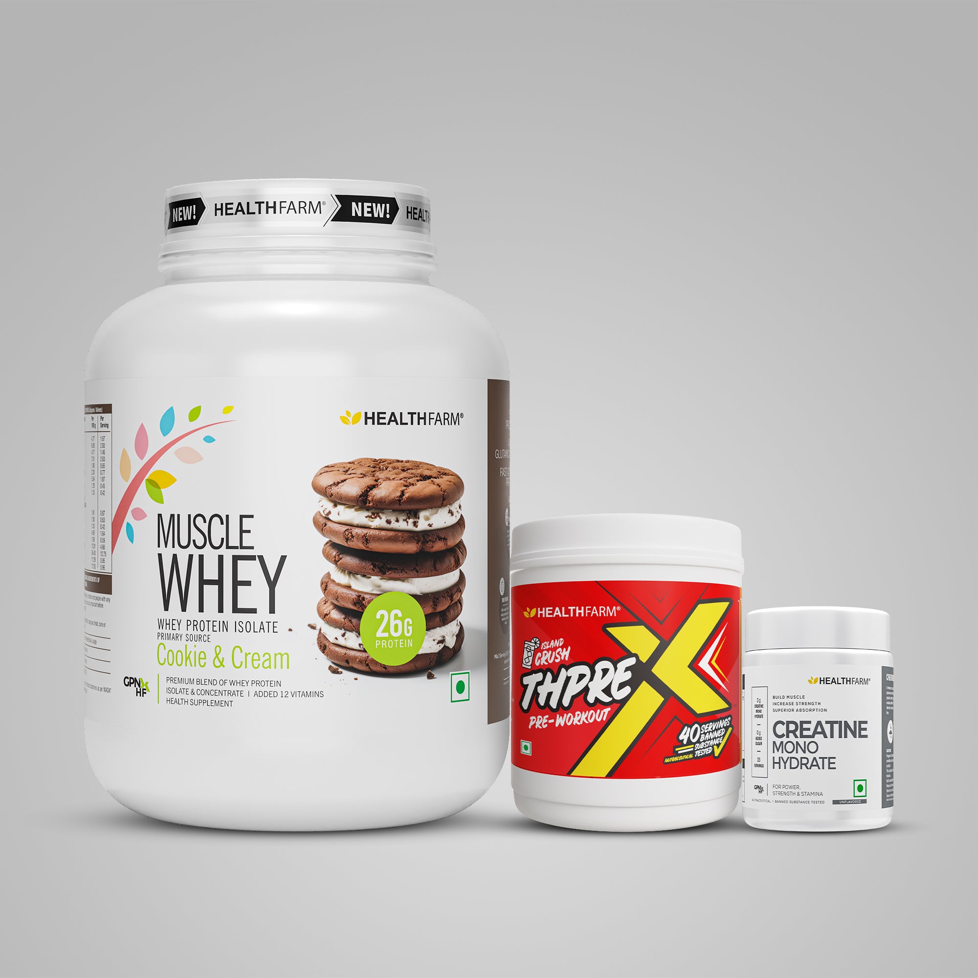 Healthfarm Muscle Whey (2Kg) + ThPreX Pre-workout + Creatine (50g)