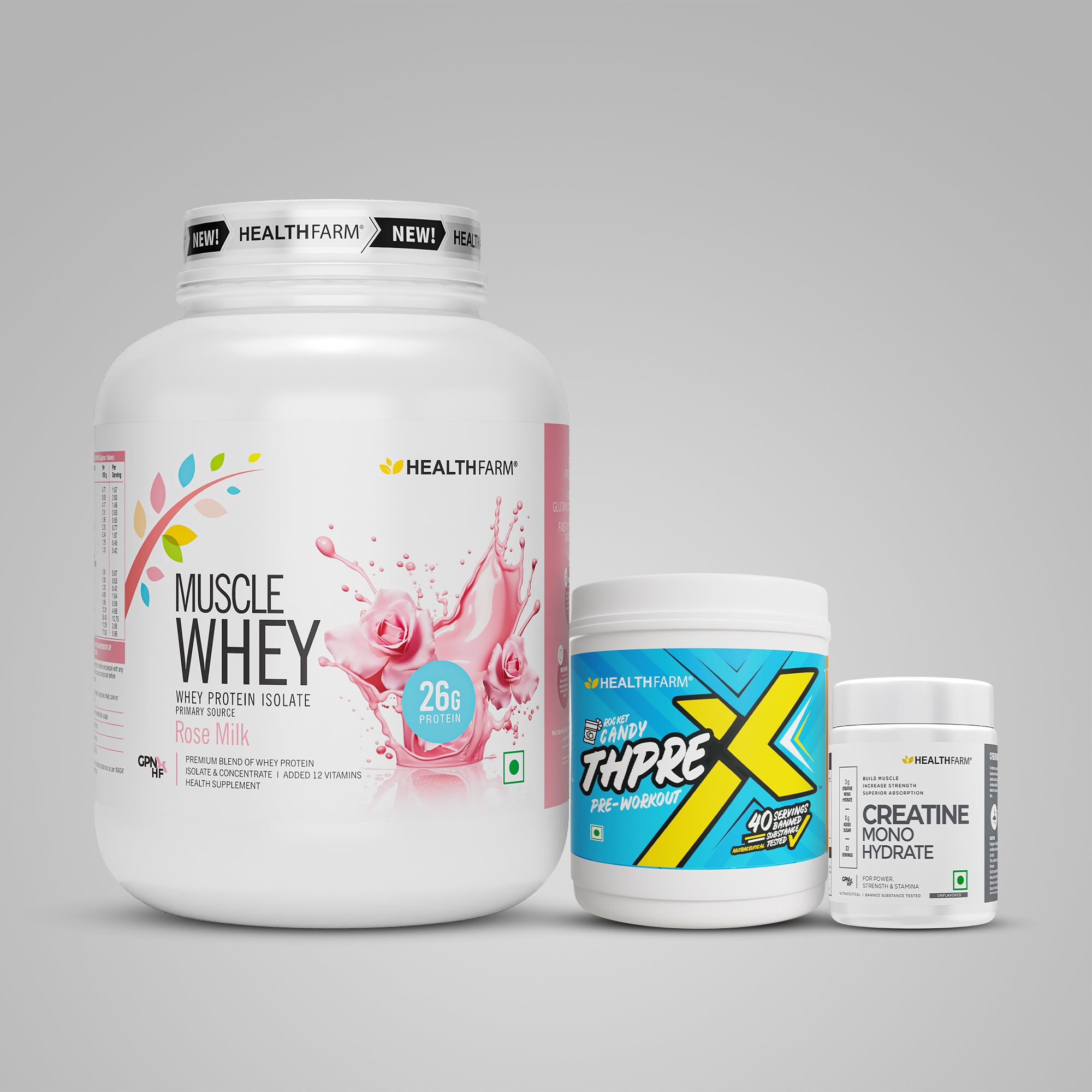 Healthfarm Muscle Whey (2Kg) + ThPreX Pre-workout + Creatine (50g)
