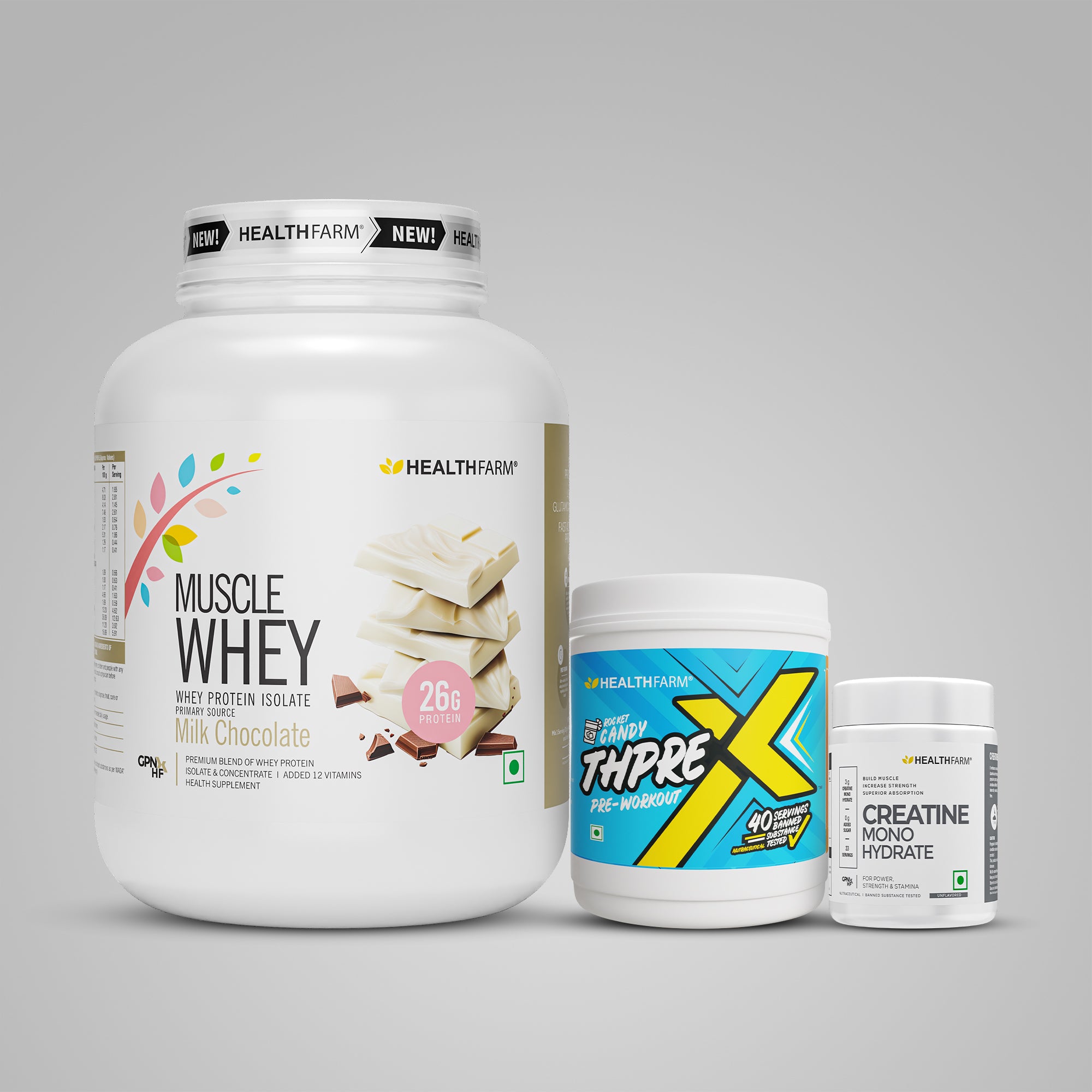 Healthfarm Muscle Whey (2Kg) + ThPreX Pre-workout + Creatine (50g)