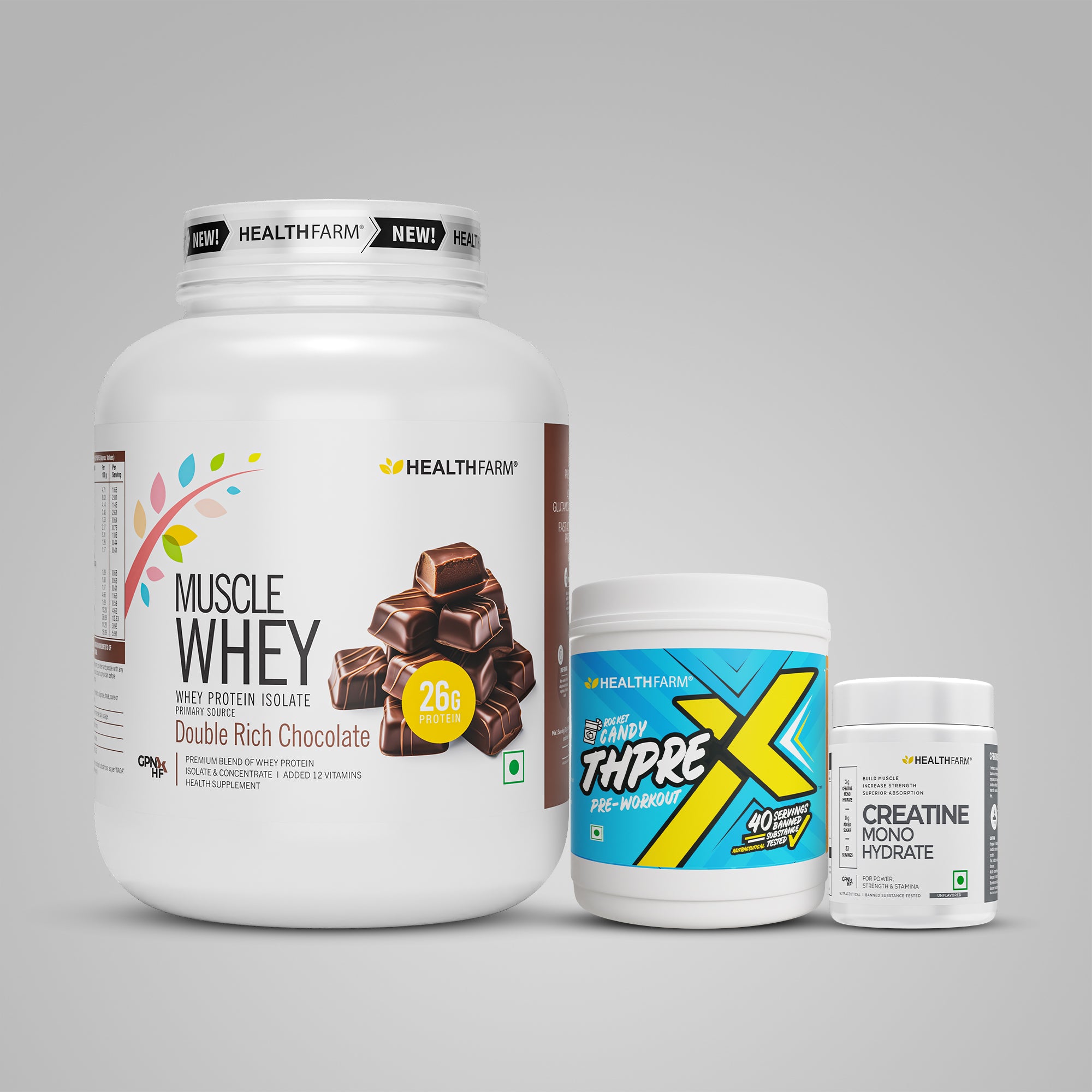 Healthfarm Muscle Whey (2Kg) + ThPreX Pre-workout + Creatine (50g)