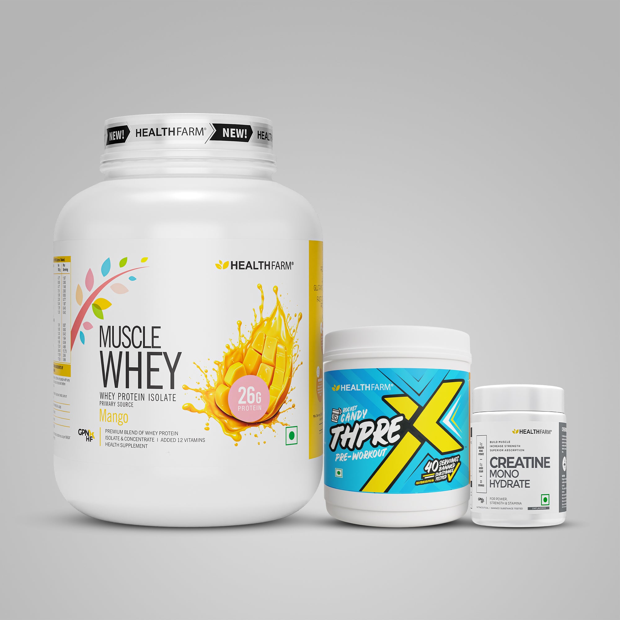Healthfarm Muscle Whey (2Kg) + ThPreX Pre-workout + Creatine (50g)