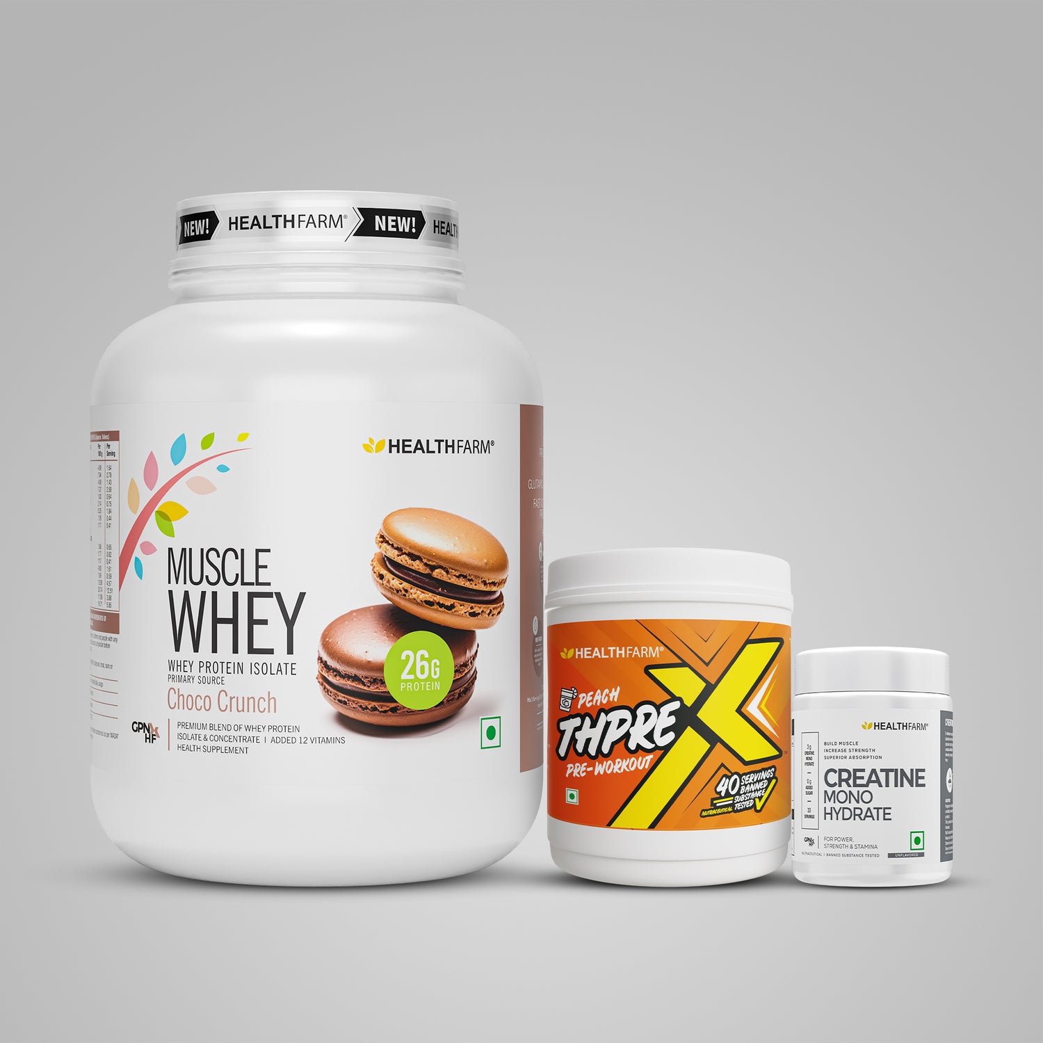 Healthfarm Muscle Whey (2Kg) + ThPreX Pre-workout + Creatine (50g)