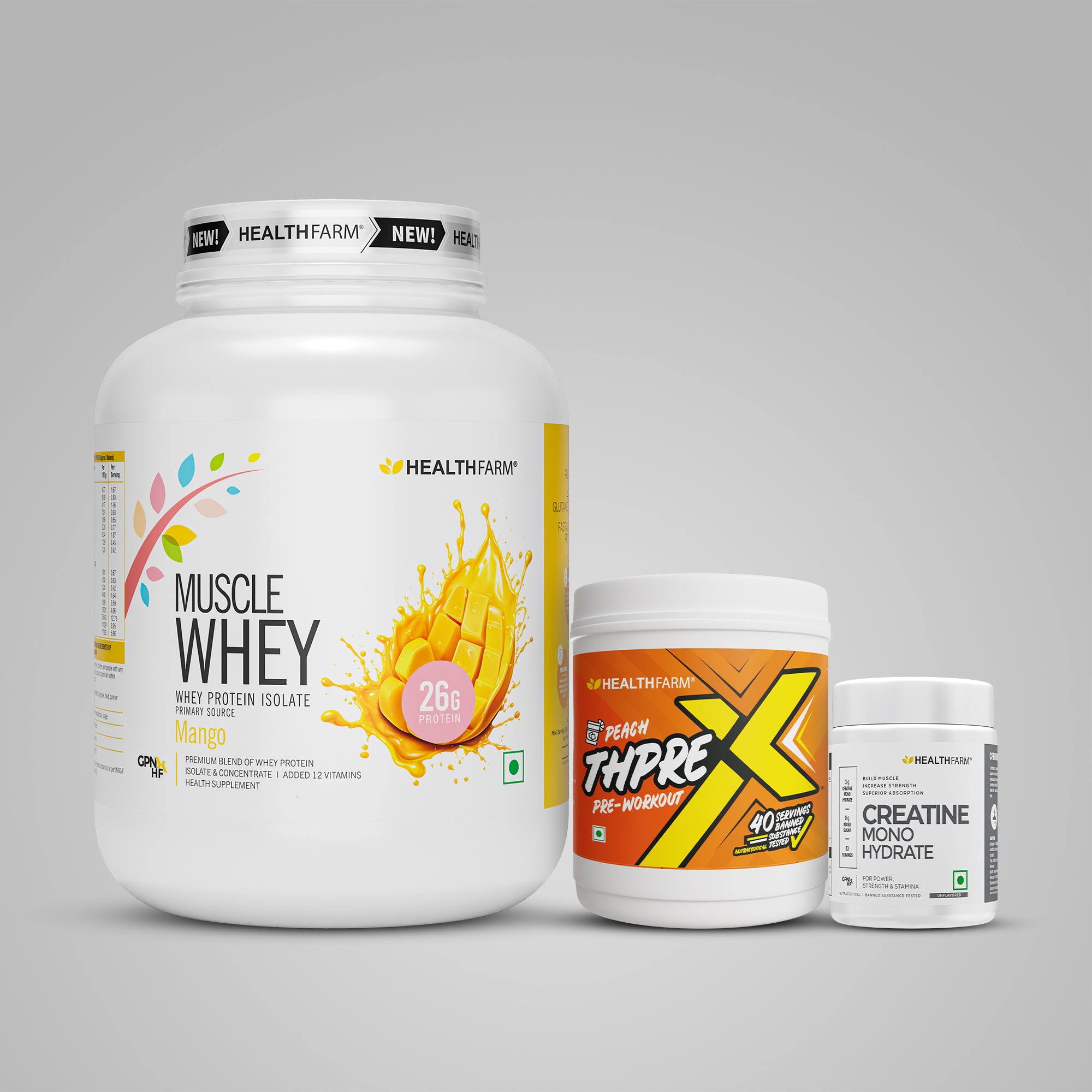 Healthfarm Muscle Whey (2Kg) + ThPreX Pre-workout + Creatine (50g)