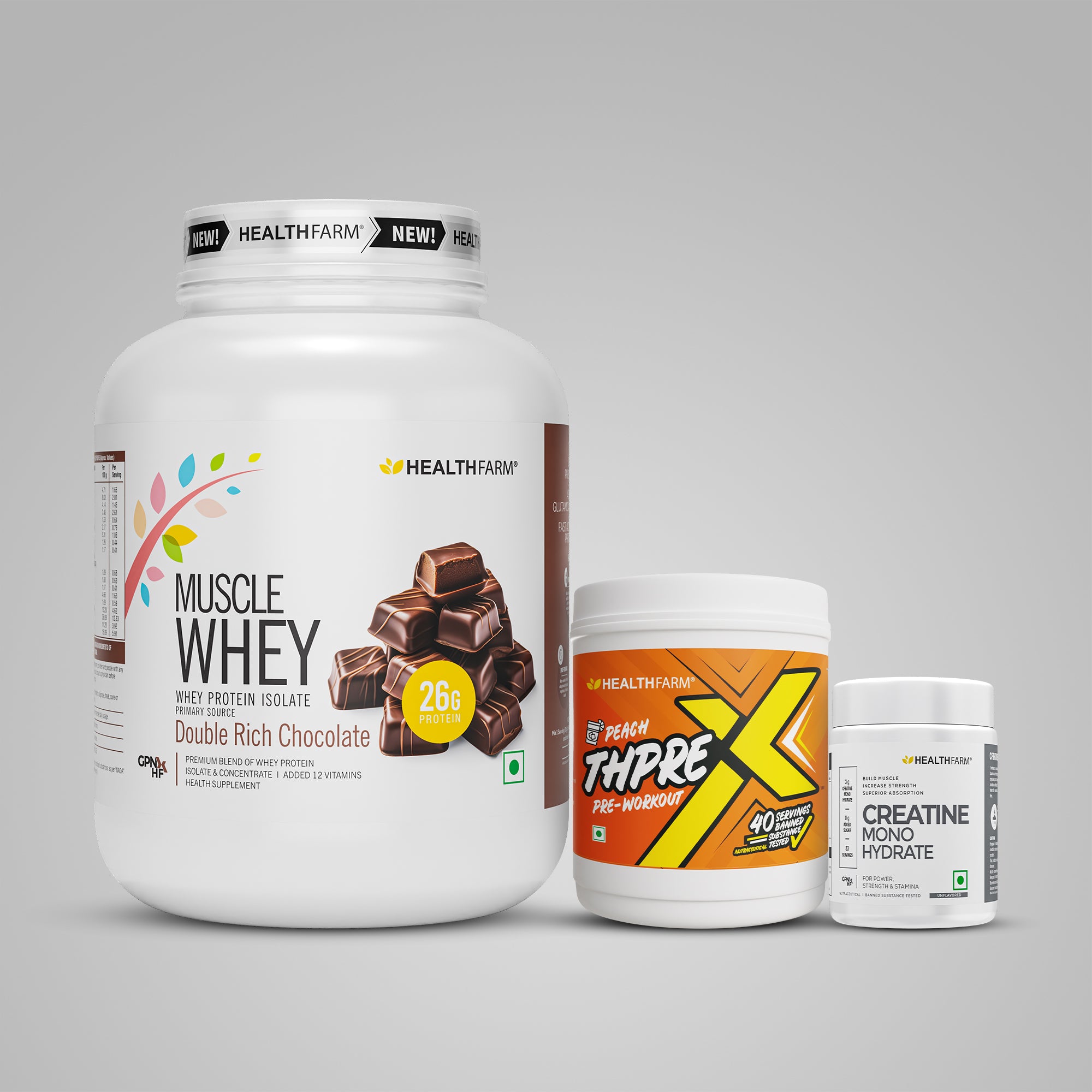 Healthfarm Muscle Whey (2Kg) + ThPreX Pre-workout + Creatine (50g)