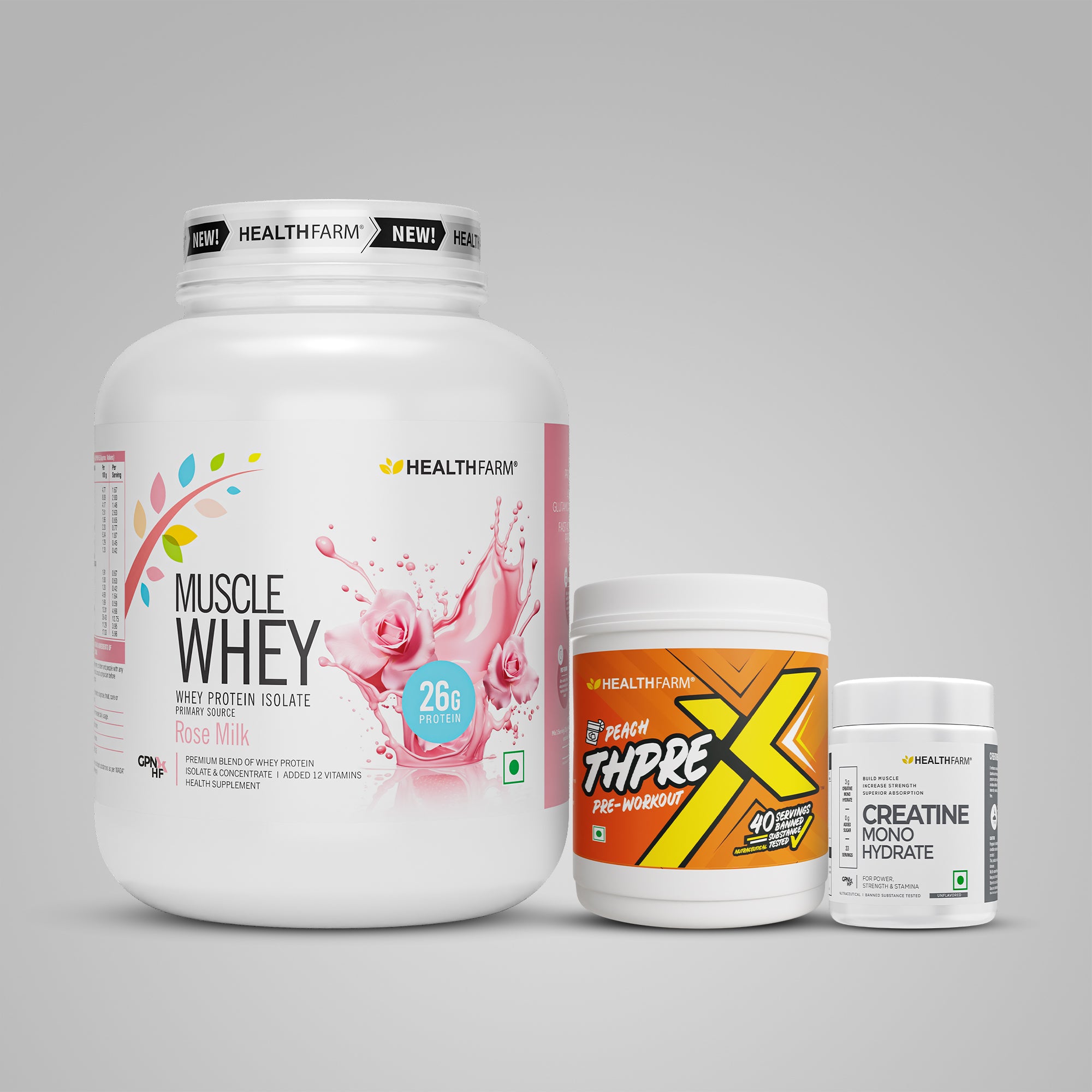 Healthfarm Muscle Whey (2Kg) + ThPreX Pre-workout + Creatine (50g)