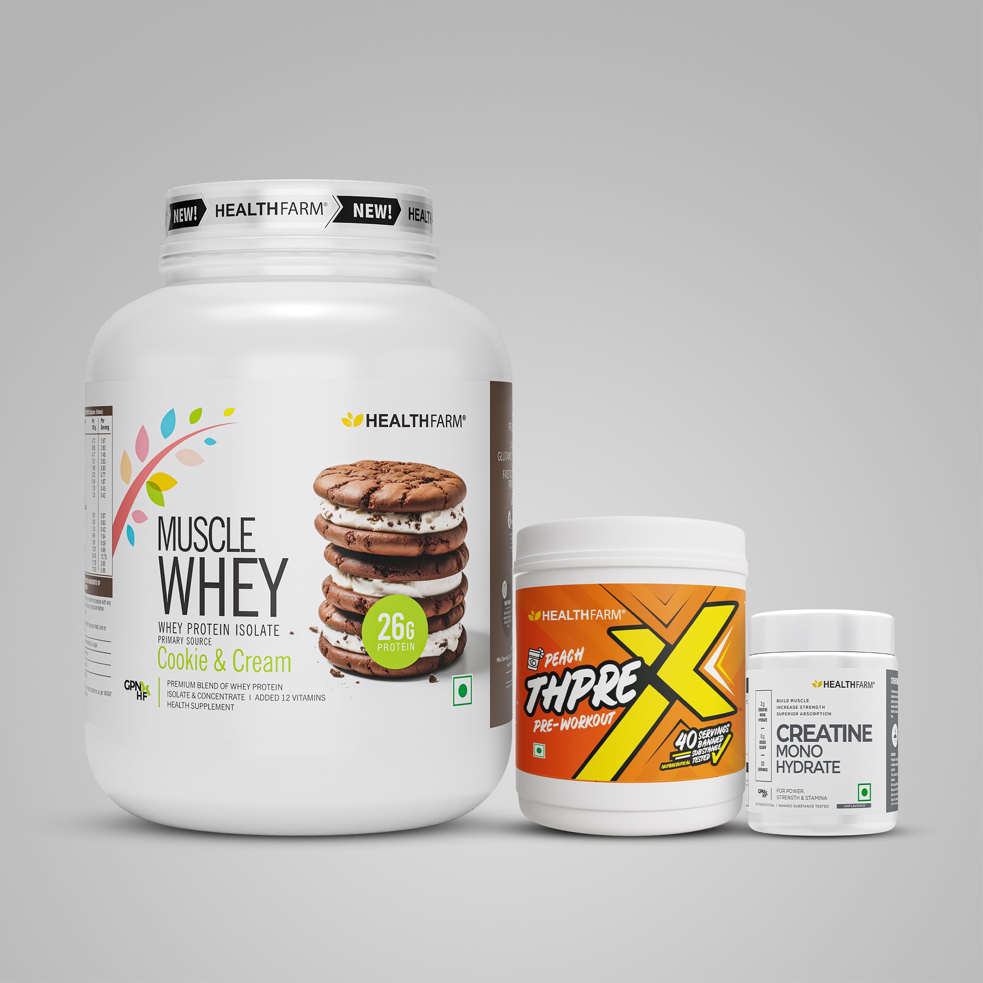 Healthfarm Muscle Whey (2Kg) + ThPreX Pre-workout + Creatine (50g)