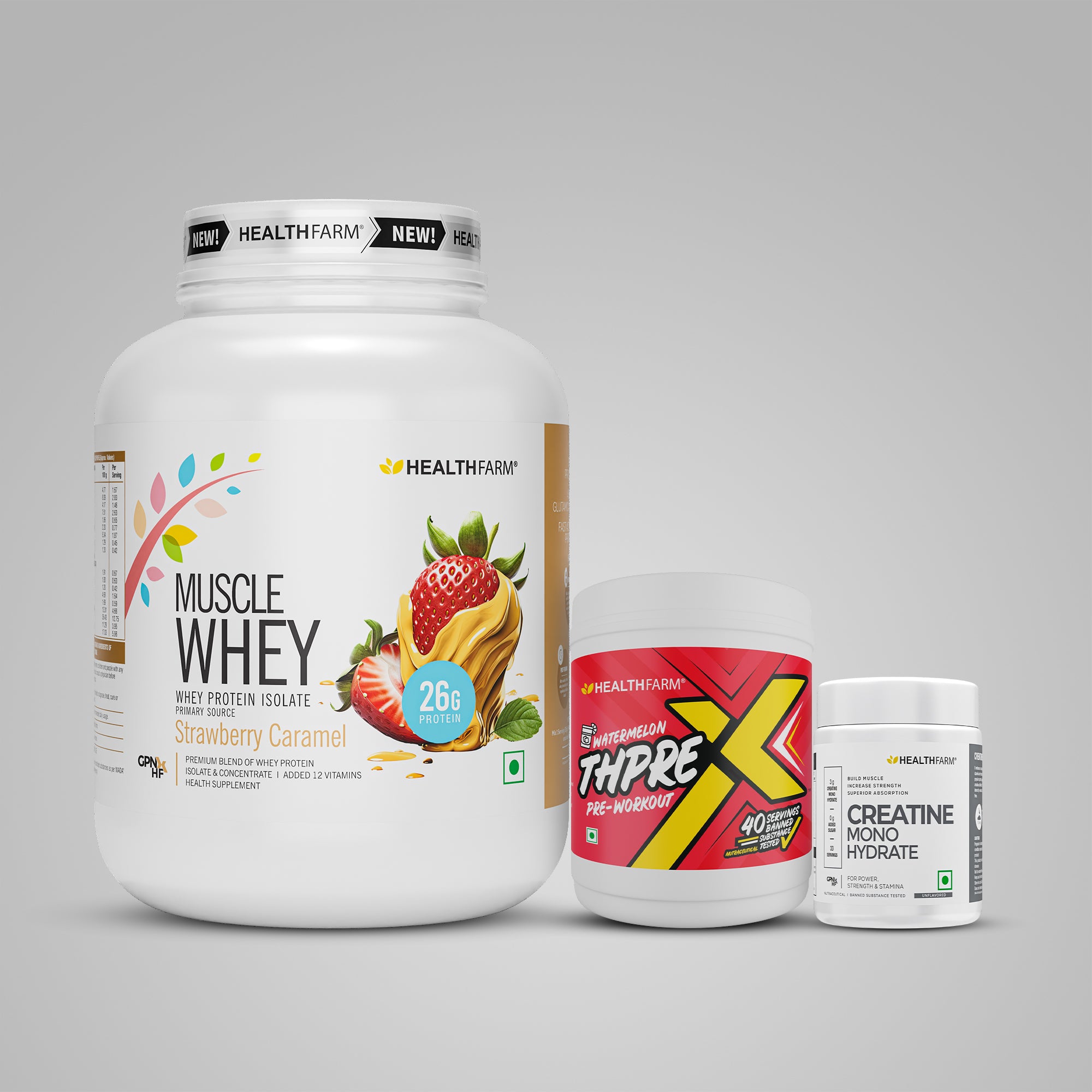 Healthfarm Muscle Whey (2Kg) + ThPreX Pre-workout + Creatine (50g)