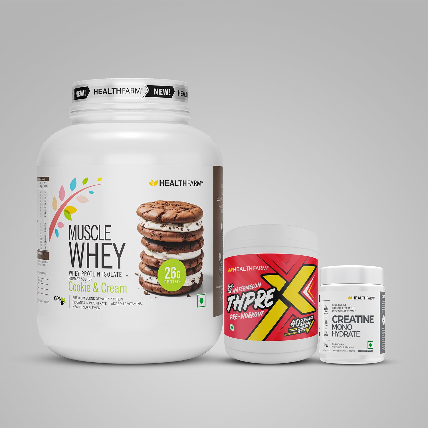 Healthfarm Muscle Whey (2Kg) + ThPreX Pre-workout + Creatine (50g)