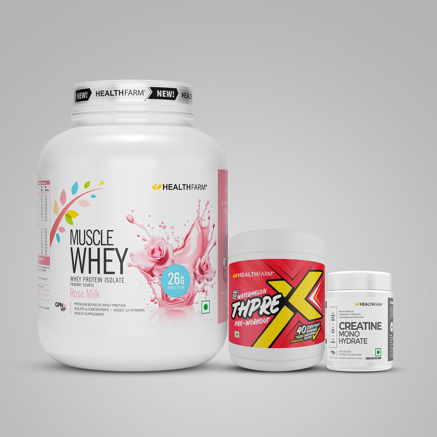 Healthfarm Muscle Whey (2Kg) + ThPreX Pre-workout + Creatine (50g)