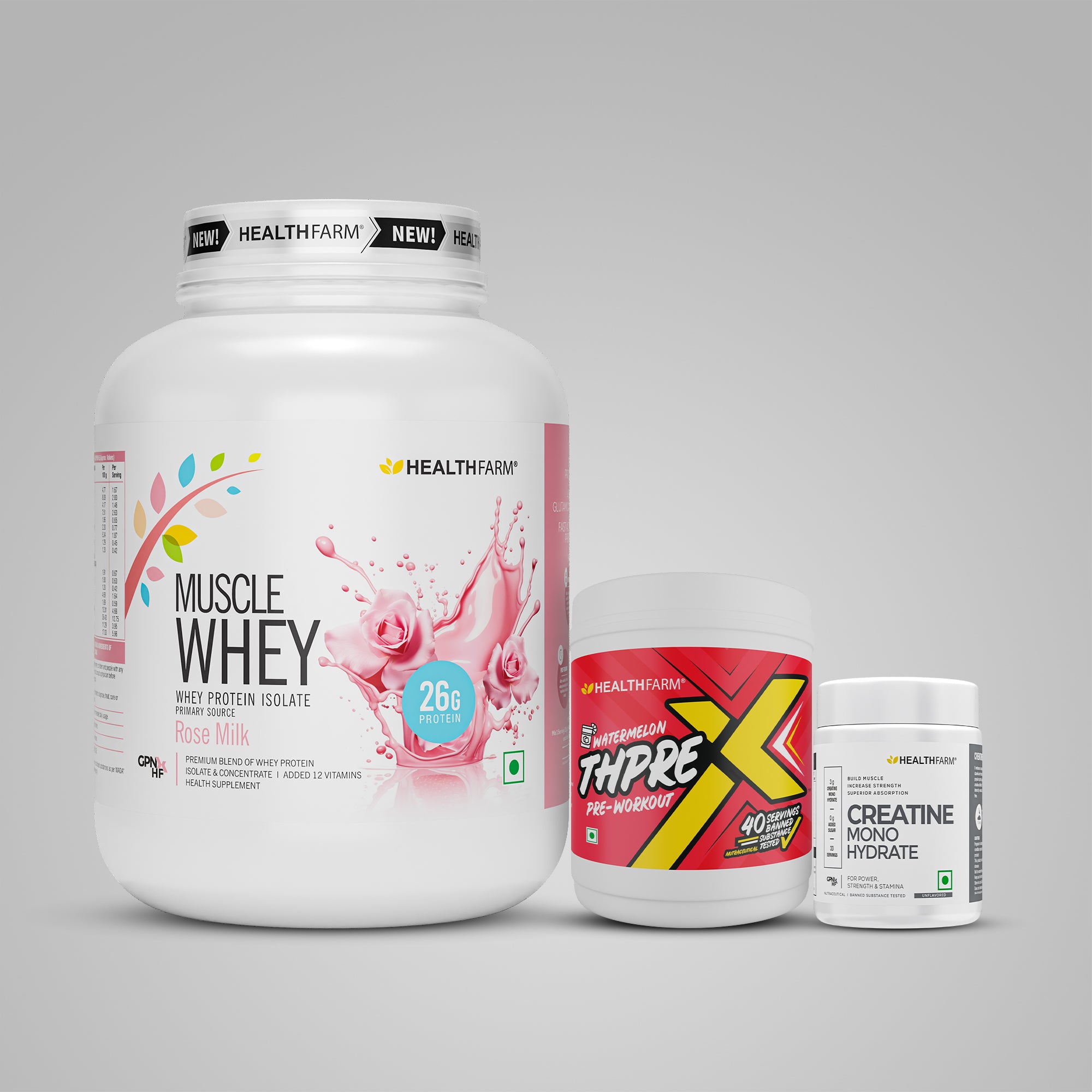 Healthfarm Muscle Whey (2Kg) + ThPreX Pre-workout + Creatine (50g)
