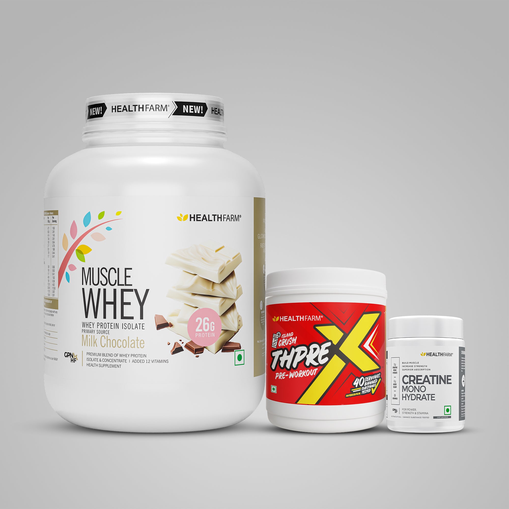 Healthfarm Muscle Whey (2Kg) + ThPreX Pre-workout + Creatine (50g)