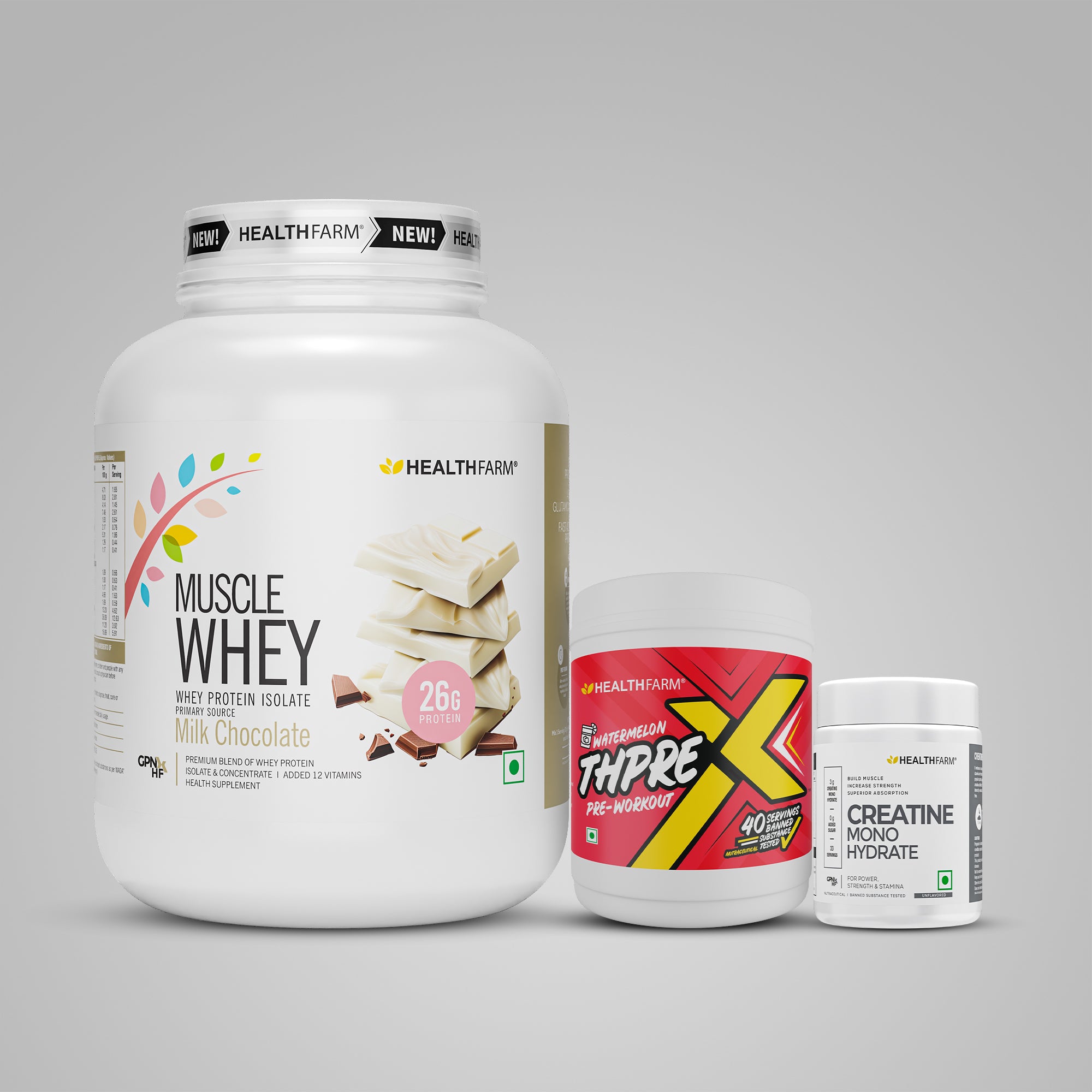 Healthfarm Muscle Whey (2Kg) + ThPreX Pre-workout + Creatine (50g)
