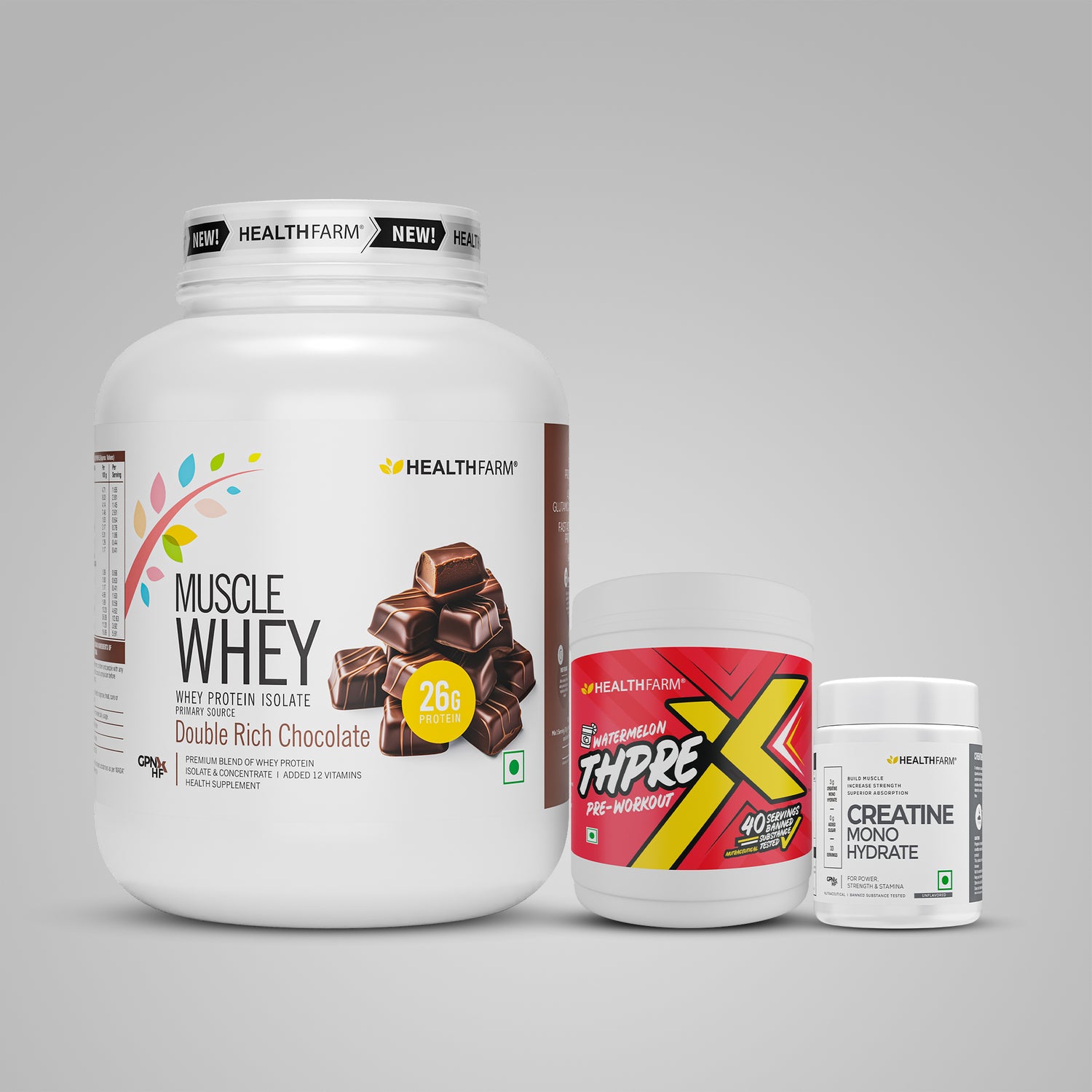 Healthfarm Muscle Whey (2Kg) + ThPreX Pre-workout + Creatine (50g)