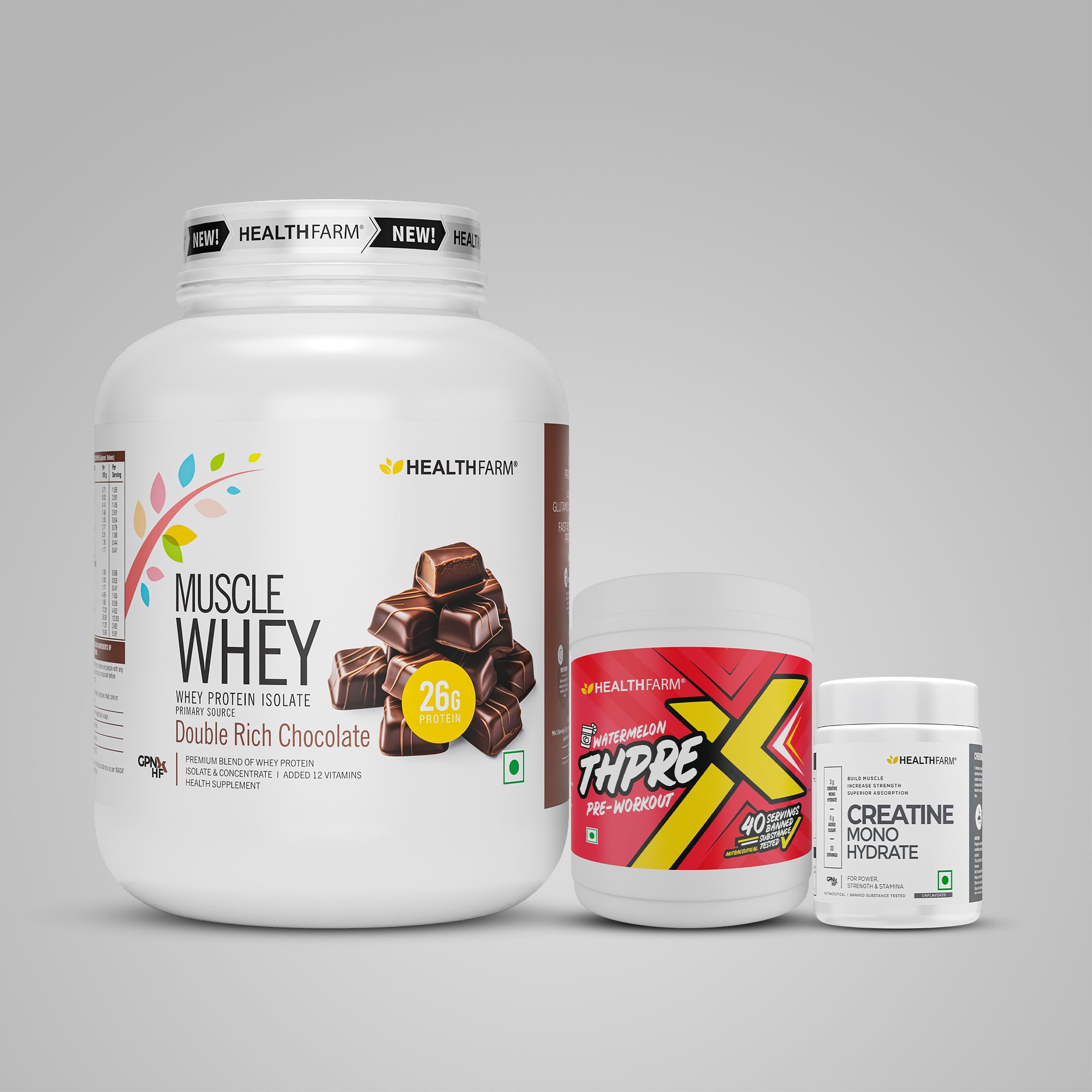 Healthfarm Muscle Whey (2Kg) + ThPreX Pre-workout + Creatine (50g)