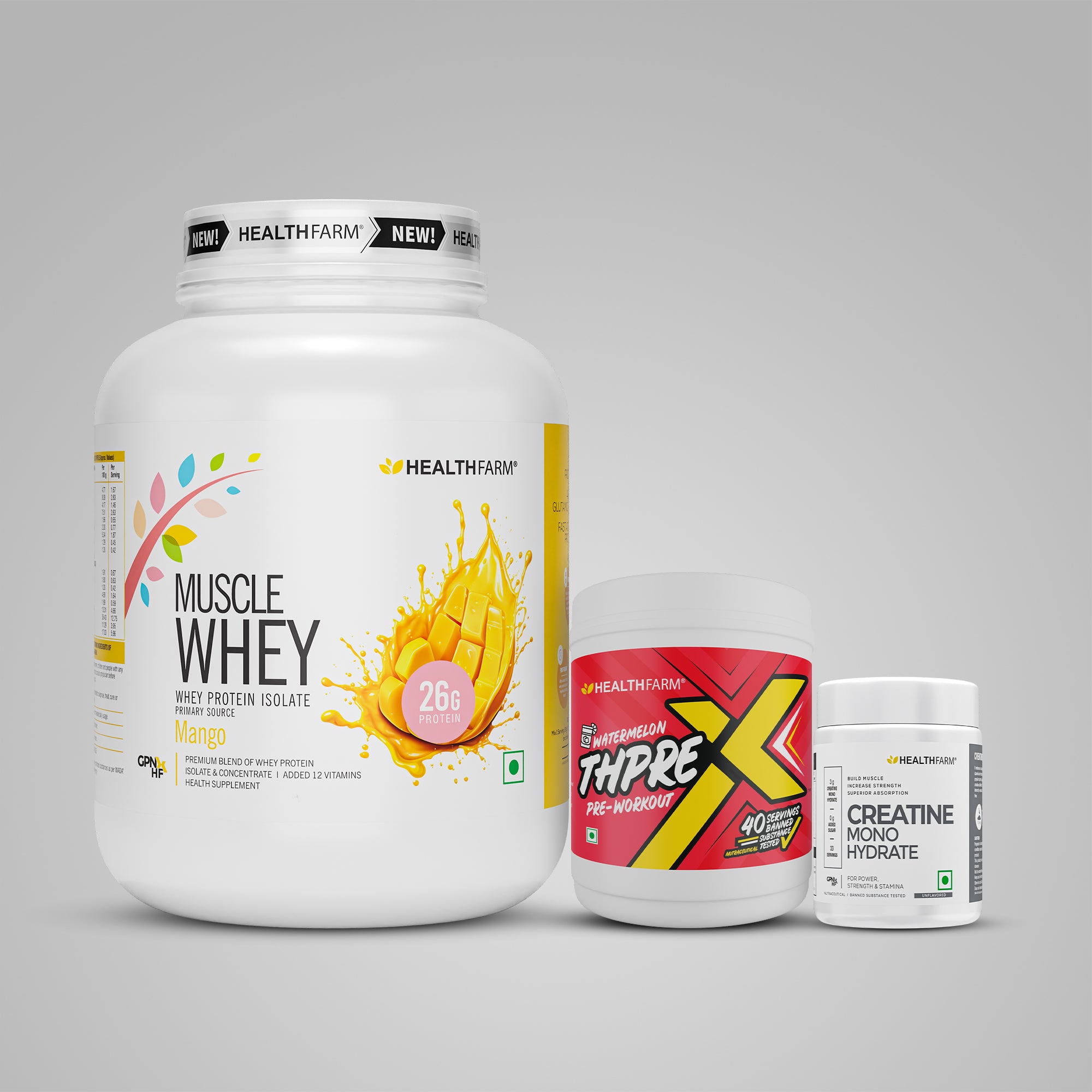 Healthfarm Muscle Whey (2Kg) + ThPreX Pre-workout + Creatine (50g)
