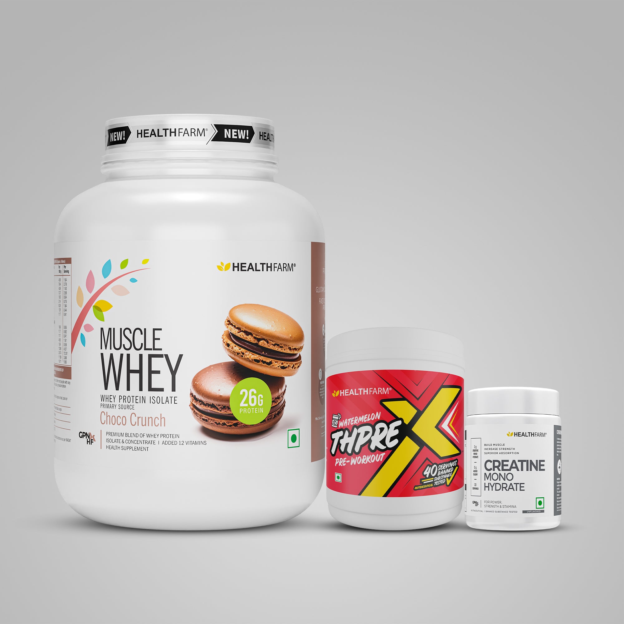 Healthfarm Muscle Whey (2Kg) + ThPreX Pre-workout + Creatine (50g)