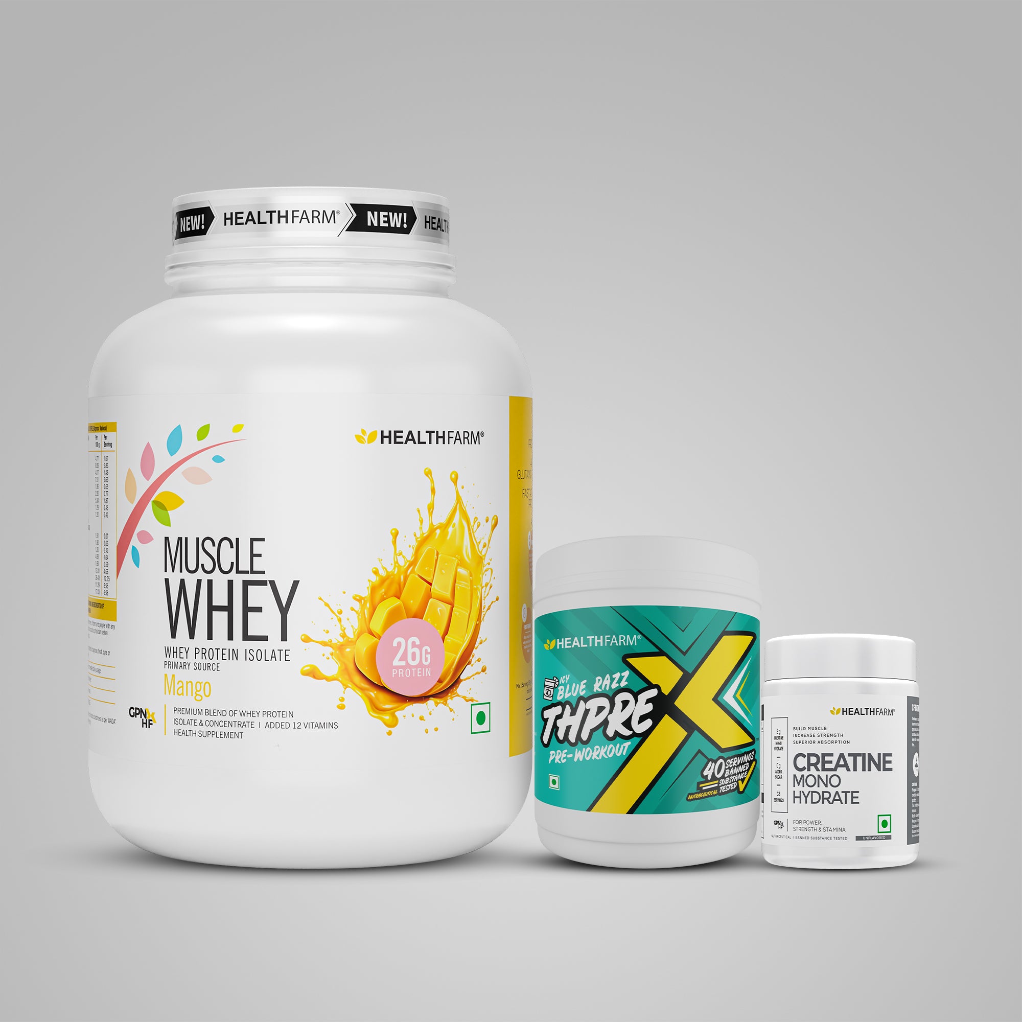 Healthfarm Muscle Whey (2Kg) + ThPreX Pre-workout + Creatine (50g)