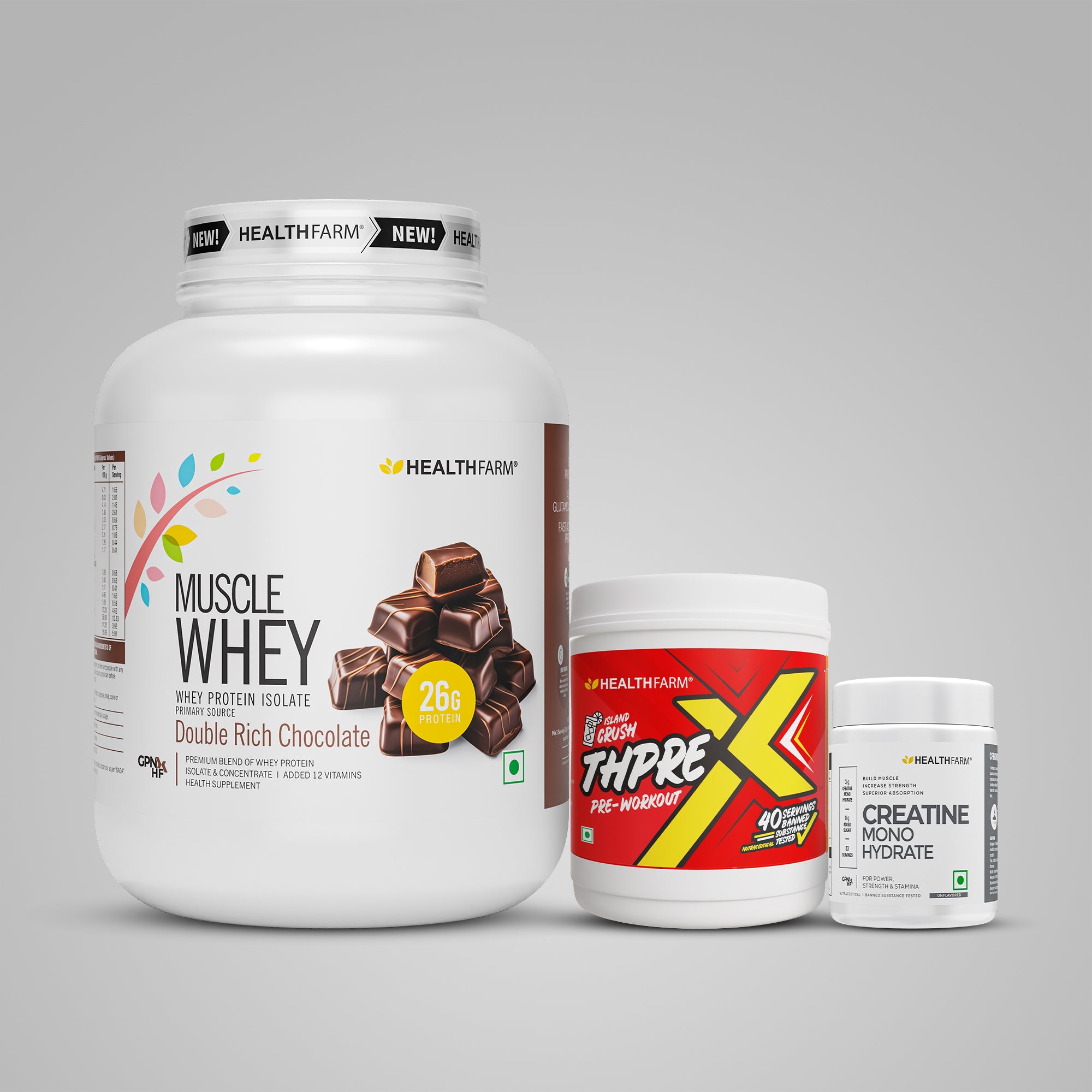 Healthfarm Muscle Whey (2Kg) + ThPreX Pre-workout + Creatine (50g)