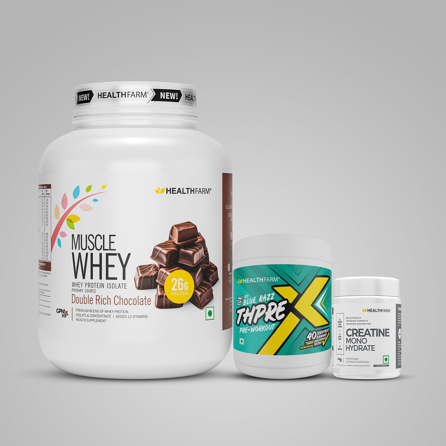 Healthfarm Muscle Whey (2Kg) + ThPreX Pre-workout + Creatine (50g)